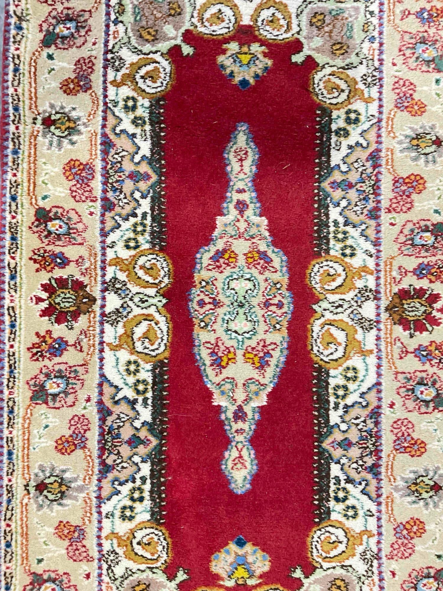 Vintage Turkish Taebriz? Red & Ivory Wool Pile Rug. Very Good Condition. Measures 56" x 29" - 5