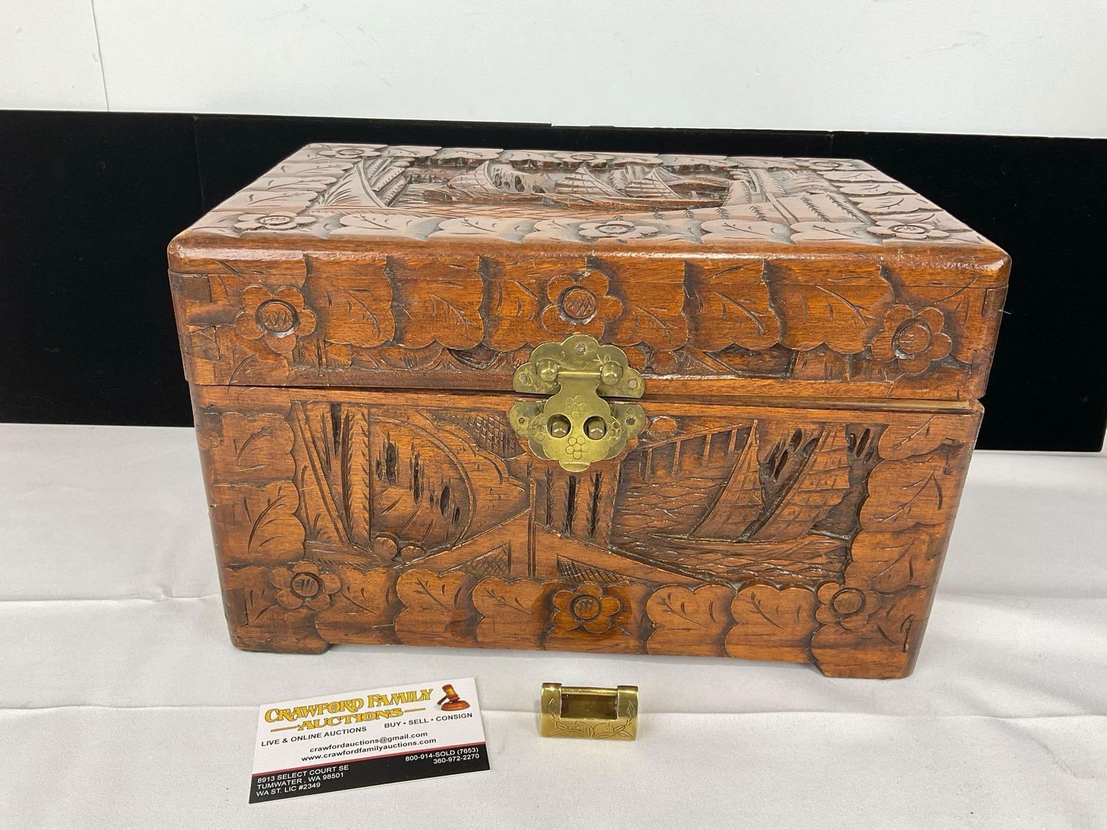 Vintage Asian Jewelry Box, 9h x 13w x 9d inches, Lovely Blue Fabric, Wooden Carved Motif: Appears to be in good shape. The piece measures approx 9h x 13w x 9d inches. See pics. E-5540 