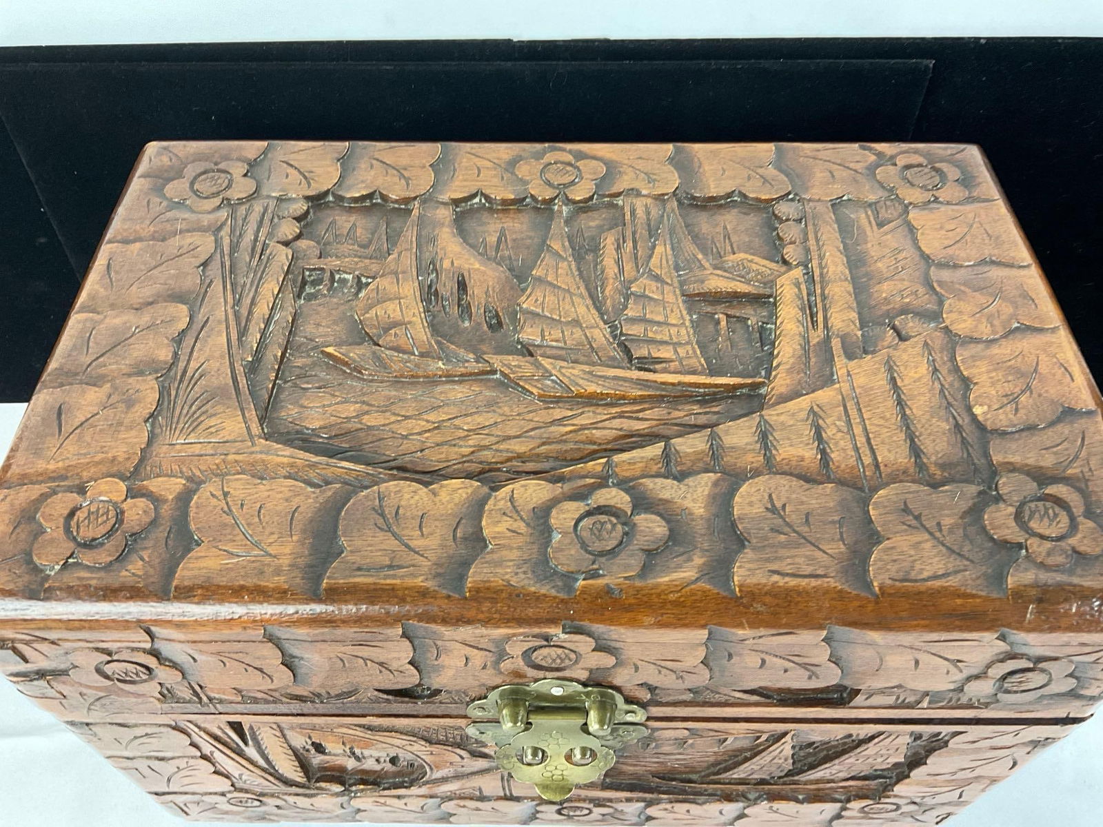 Vintage Asian Jewelry Box, 9h x 13w x 9d inches, Lovely Blue Fabric, Wooden Carved Motif - 2