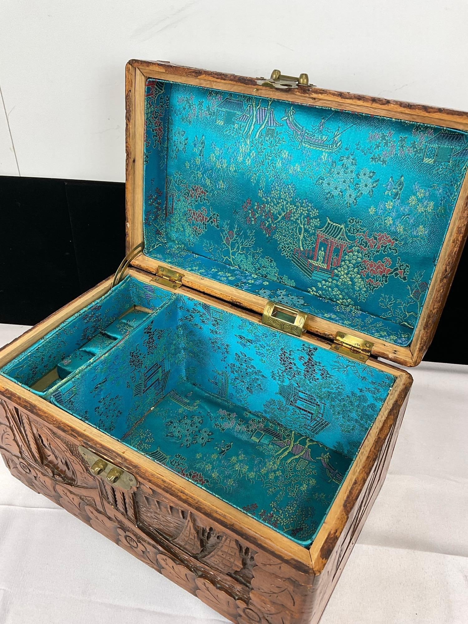 Vintage Asian Jewelry Box, 9h x 13w x 9d inches, Lovely Blue Fabric, Wooden Carved Motif - 4