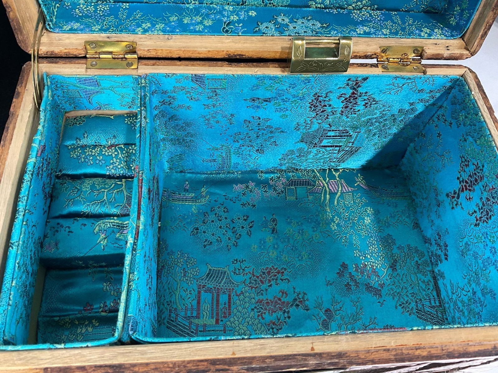 Vintage Asian Jewelry Box, 9h x 13w x 9d inches, Lovely Blue Fabric, Wooden Carved Motif - 5