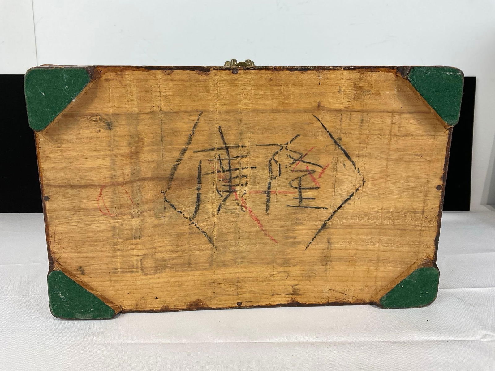 Vintage Asian Jewelry Box, 9h x 13w x 9d inches, Lovely Blue Fabric, Wooden Carved Motif - 6