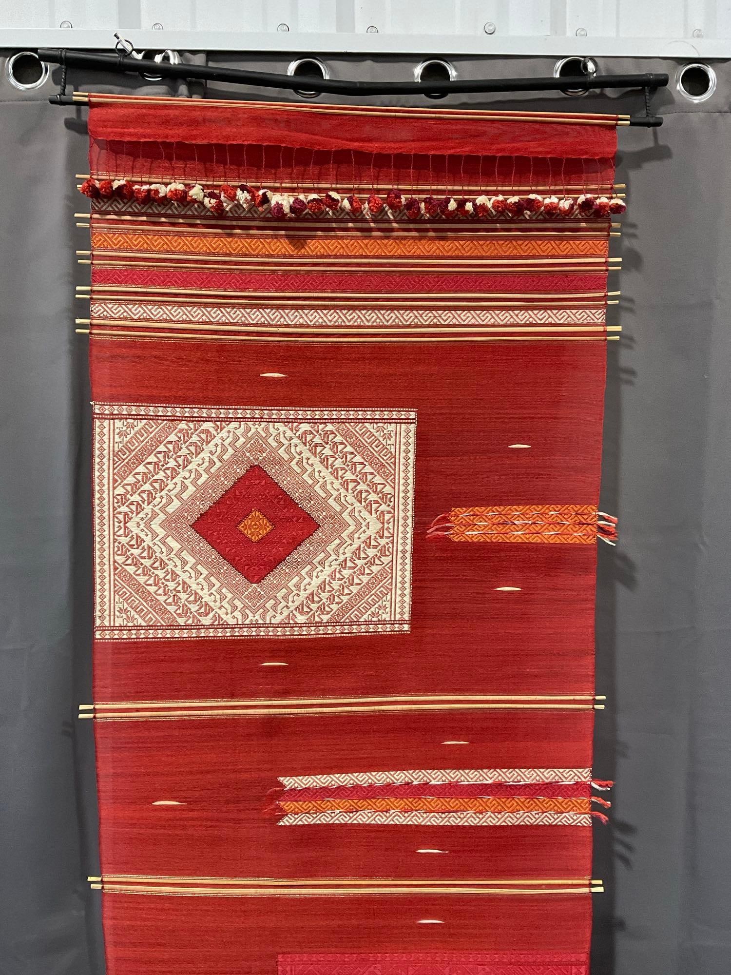 Long Silk Tapestry Ock Pop Tok made in Laos Dyed shades of orange, 10-12 feet long, 35 inch wide: tag is marked Ock Pop Tok made in Laos 100% Silk. Appears to be in good shape. The piece measures approx 6h x 35w x 5d inches. See pics. E-5540 
