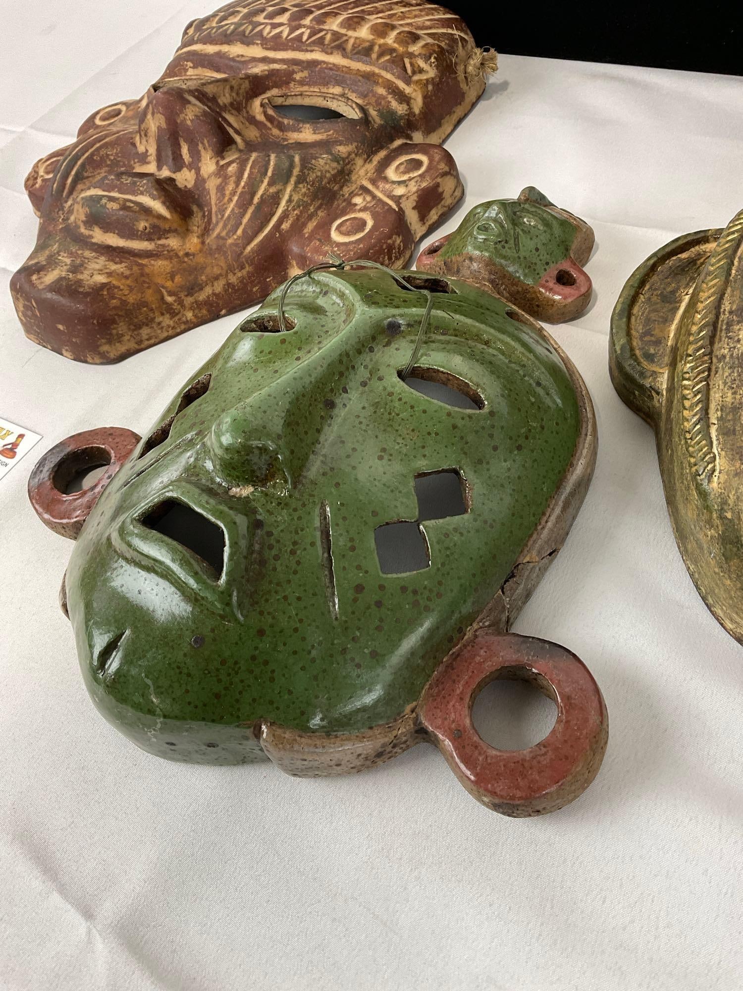 Three Pottery Masks, Mayan style, Red, Green & Yellow Glazed, 14h x 16w x 11d inches - 3