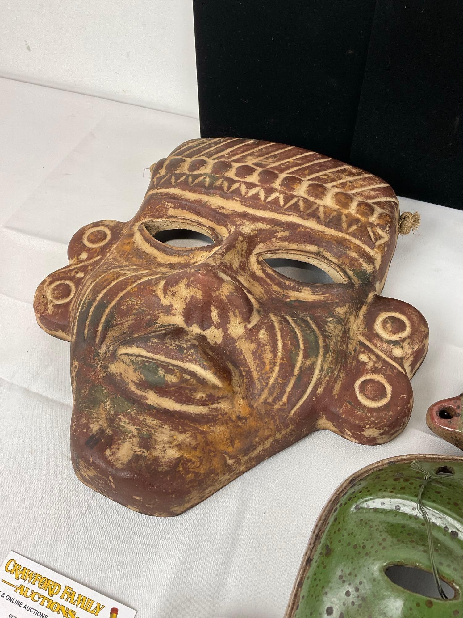 Three Pottery Masks, Mayan style, Red, Green & Yellow Glazed, 14h x 16w x 11d inches - 4