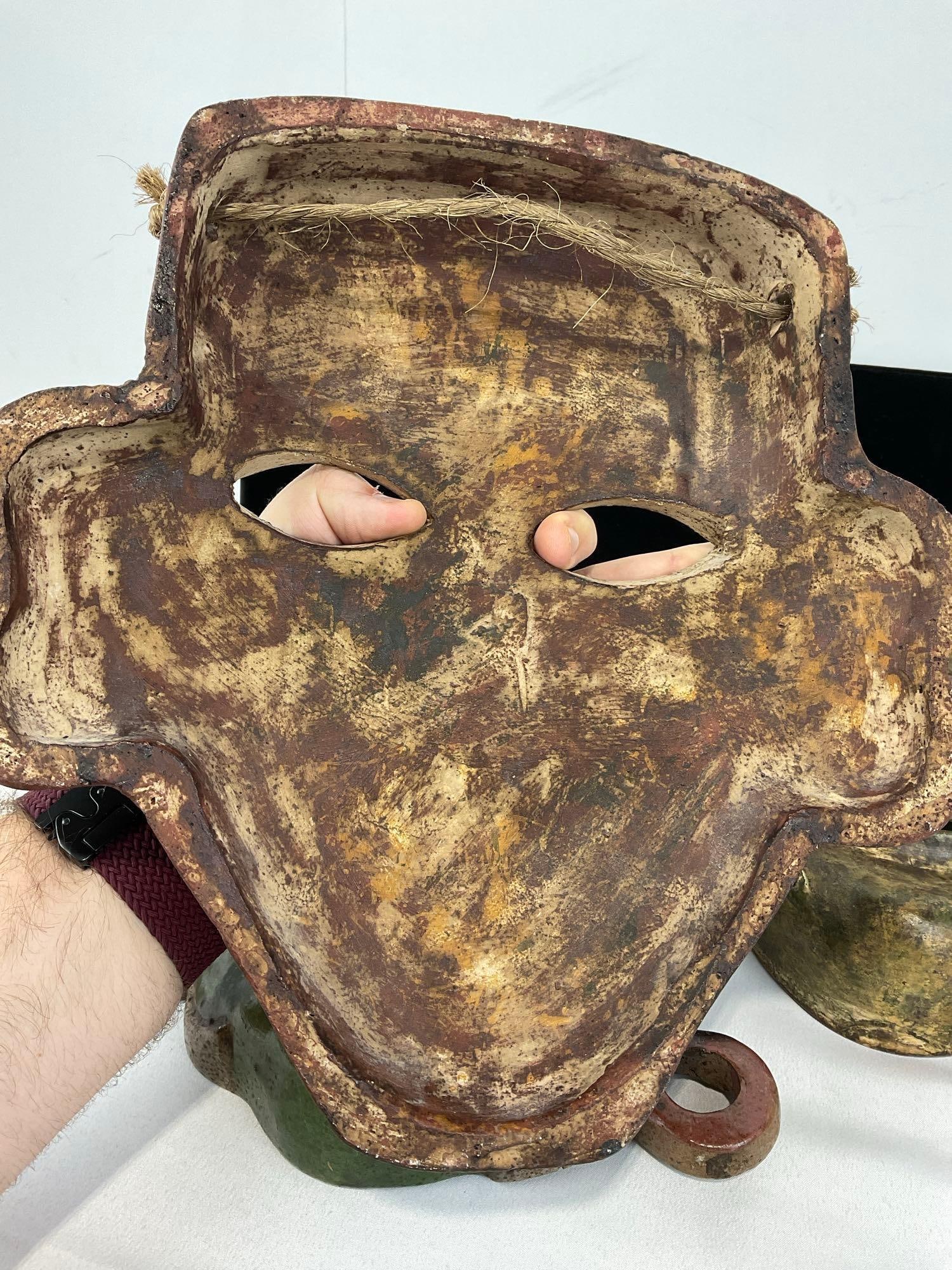 Three Pottery Masks, Mayan style, Red, Green & Yellow Glazed, 14h x 16w x 11d inches - 5