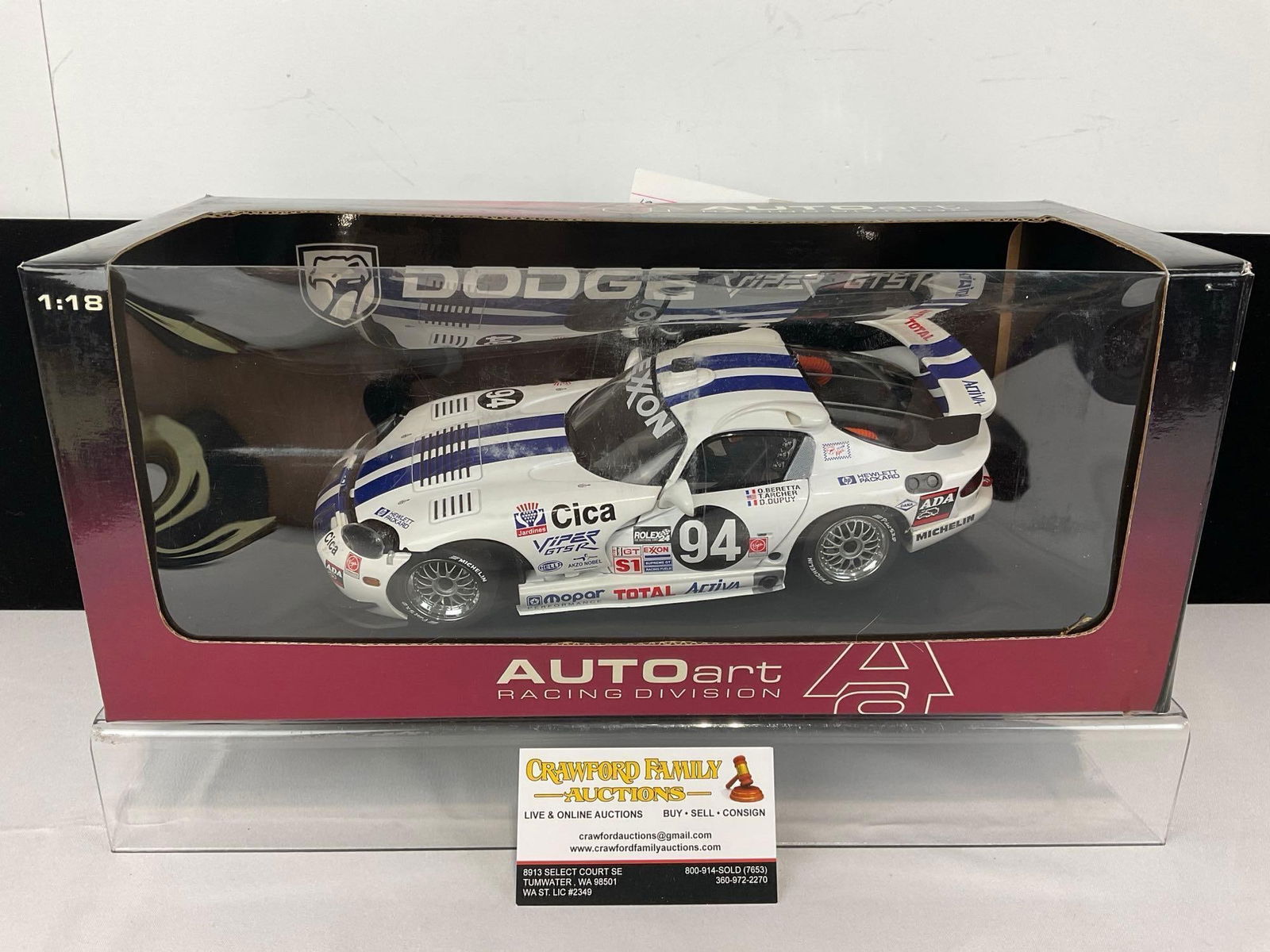 AutoArt 1997 Dodge Viper GTS-R #94 1/18 Scale Diecast Car Model orig box: Appears to be in good shape. The piece measures approx 6h x 14w x 8d inches. See pics. E-5420