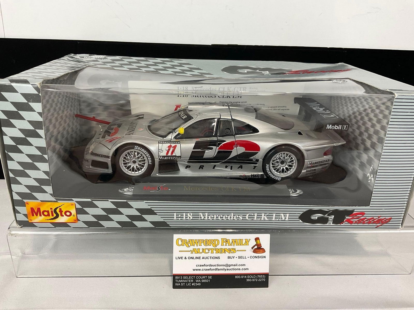 1997 Mercedes CLK GTR FIA GT Champ Signed by Alexander Wurz 1/18 Scale Diecast Car Model orig box: Maisto GT Racing. Signed on the top of the roof. Appears to be in good shape. The piece measures approx 6h x 15w x 8d inches. See pics. E-5420