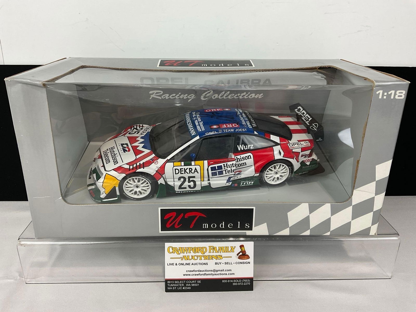 UT Models 1996 Opel Calibra V6 4x4 signed by Alexander Wurz, 1/18 Scale Diecast Car Model orig box: Signed on the top of the roof. Appears to be in good shape. The piece measures approx 7h x 14w x 8d inches. See pics. E-5420 