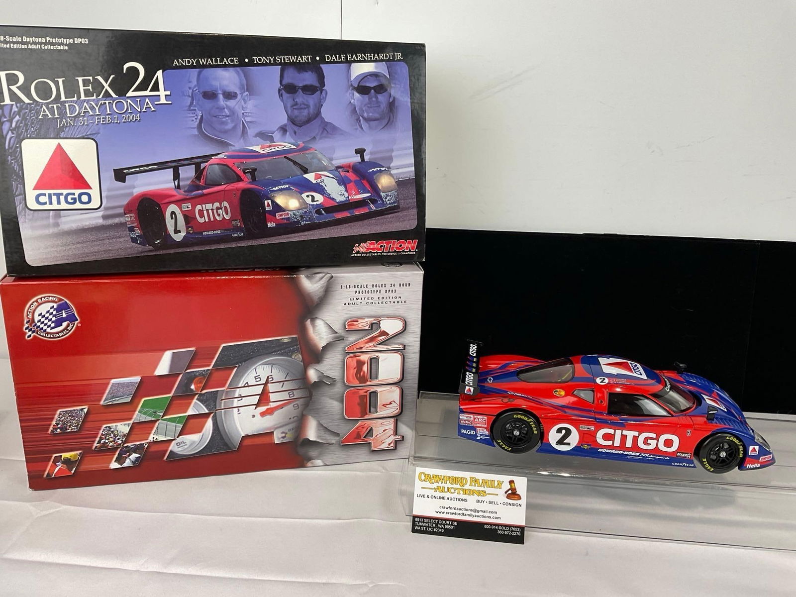 Action Racing Chevy Proto DP03 2004 Signed by Andy Wallace, 1/18 Scale Diecast Car Model orig box: The car model is signed on the back wing. Appears to be in good shape. The piece measures approx 7h x 14w x 8d inches. See pics. E-5420 