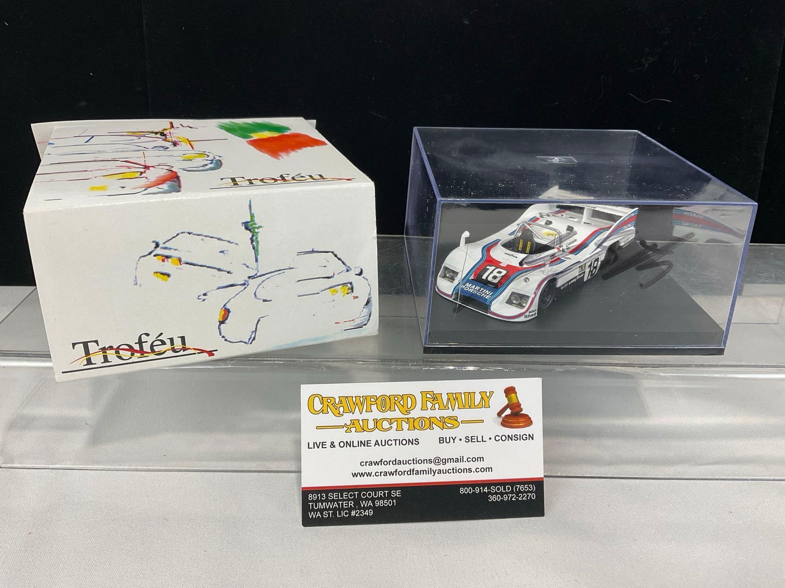 Trofeu 1976 Porsche 936/76 LM 24H signed by Jurgen Barth, 1/43 Scale Diecast Car Model orig box: The plastic cover is signed by the driver. Appears to be in good shape. The piece measures approx 4h x 6w x 6d inches. See pics. E-5420 
