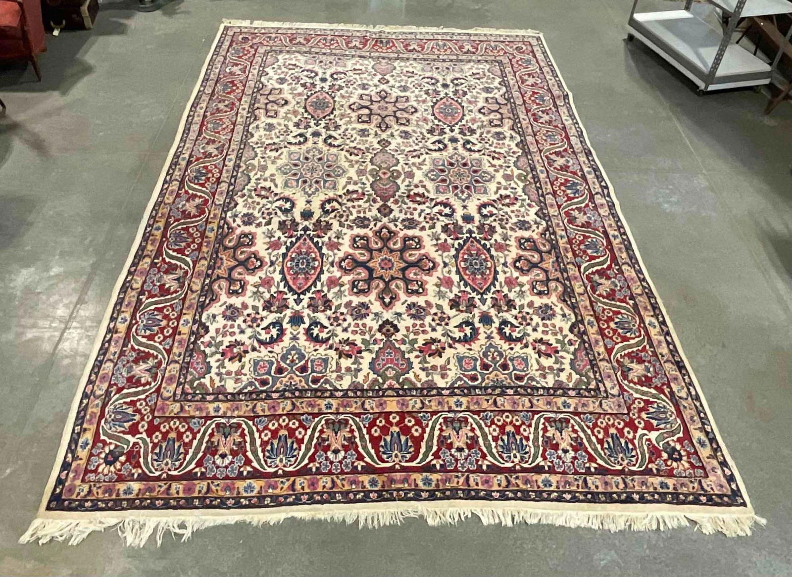 Large Area Rug 16 x 10ft: 188" x 119" x 2" not including tassels. Item is in fair condition with some wear and fading. There is one small stain. See pics. V-5520 *Freight Required if shipped, Buyer