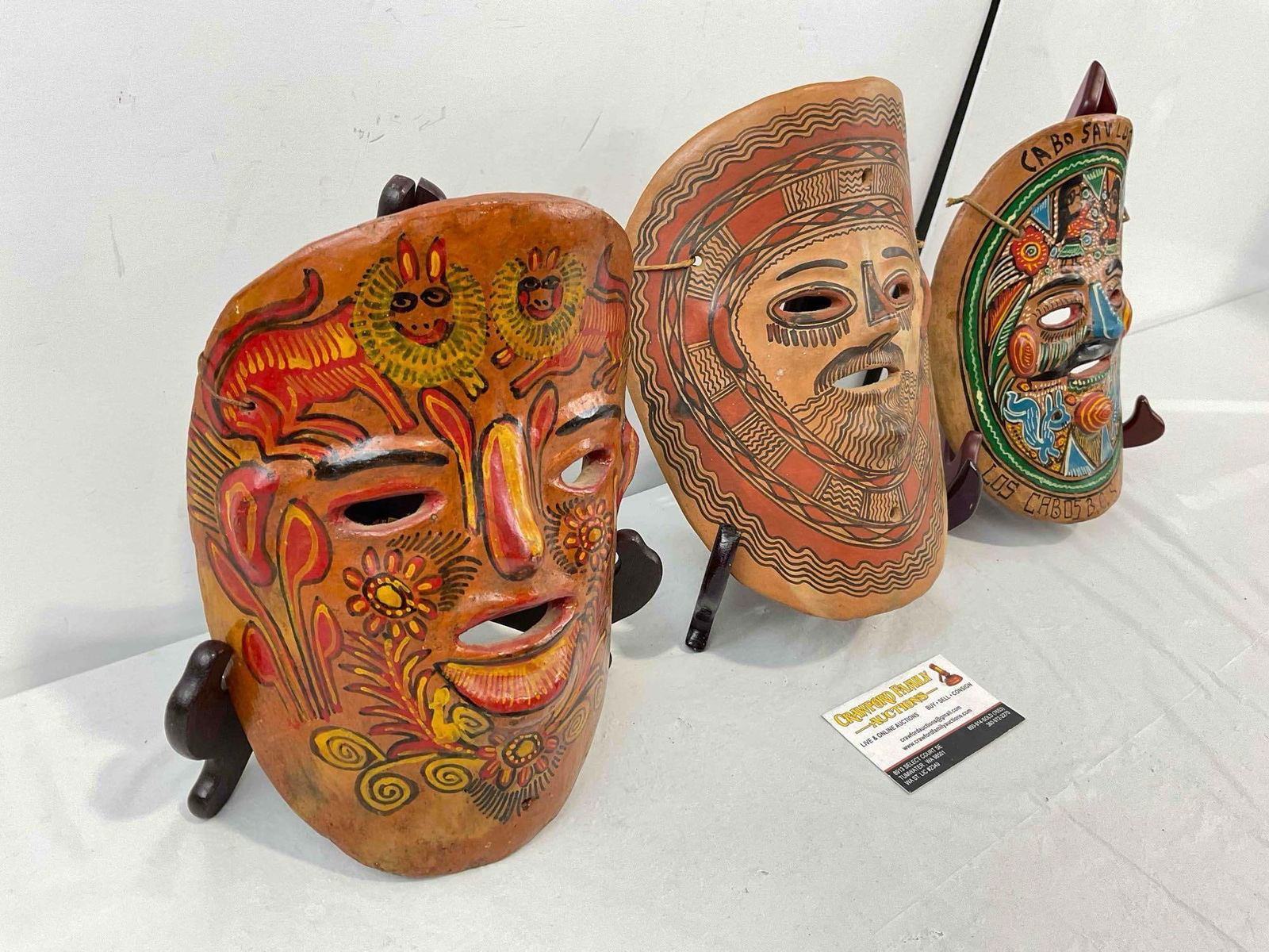 3 pcs Vintage Mexican Terra Cotta Ceramic Painted Face Masks Wall Hangings. Very Good Cond. - 2