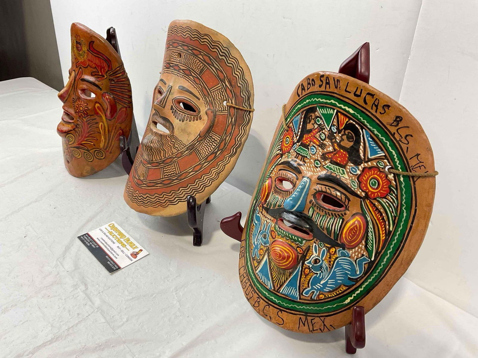3 pcs Vintage Mexican Terra Cotta Ceramic Painted Face Masks Wall Hangings. Very Good Cond. - 3