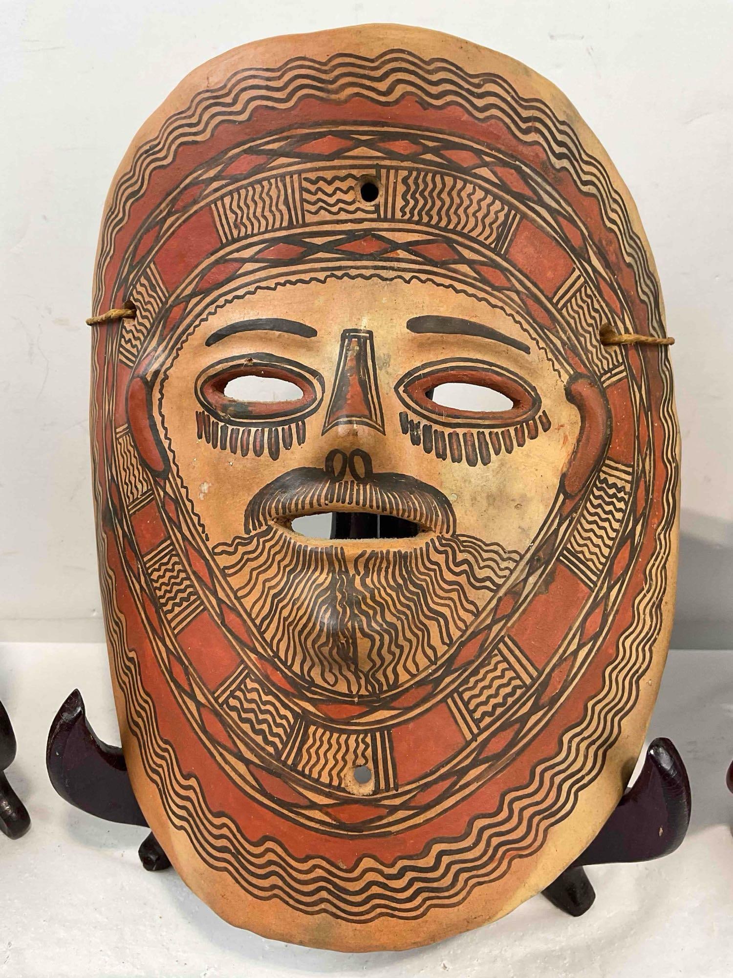 3 pcs Vintage Mexican Terra Cotta Ceramic Painted Face Masks Wall Hangings. Very Good Cond. - 5