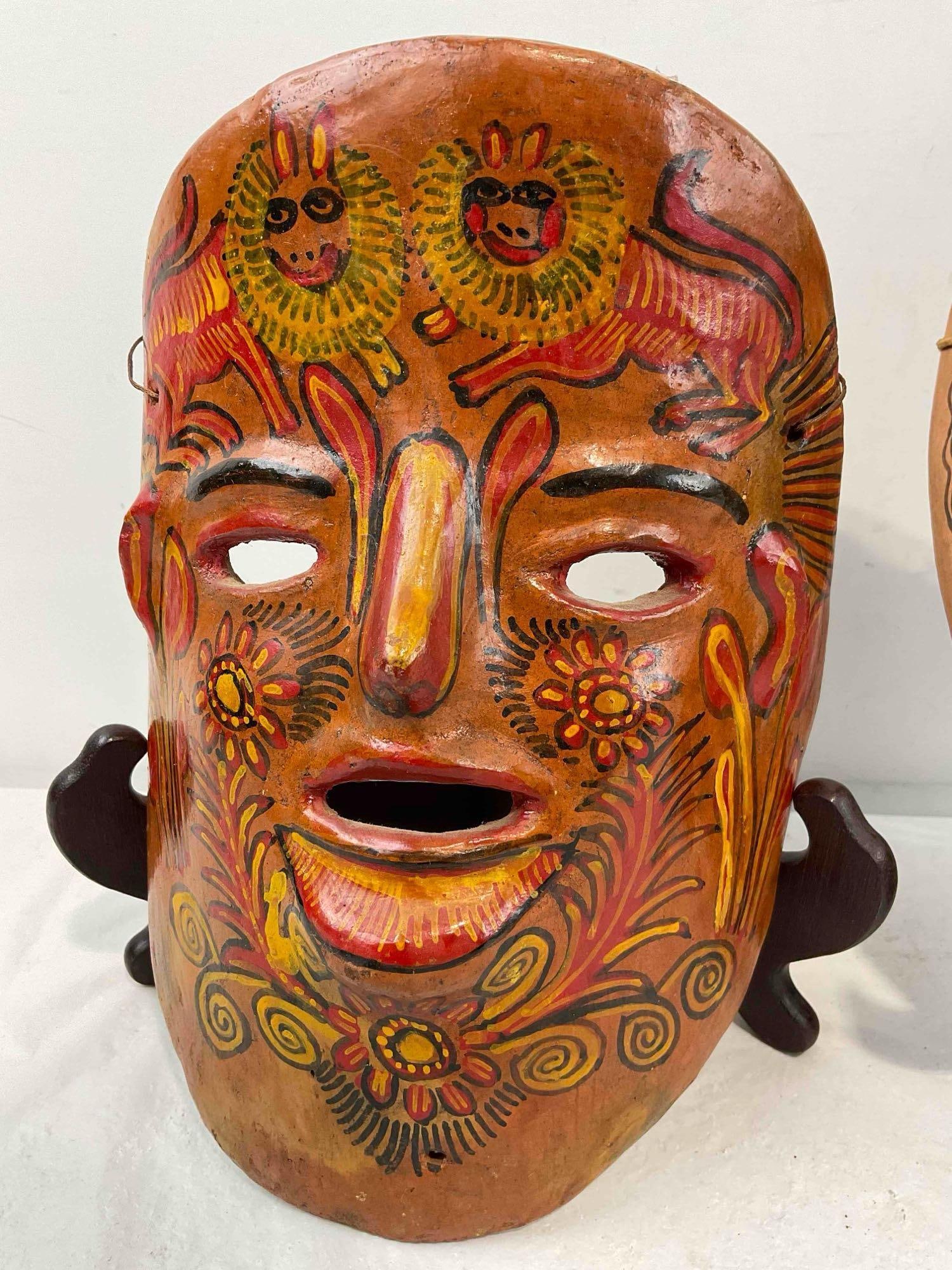 3 pcs Vintage Mexican Terra Cotta Ceramic Painted Face Masks Wall Hangings. Very Good Cond. - 6