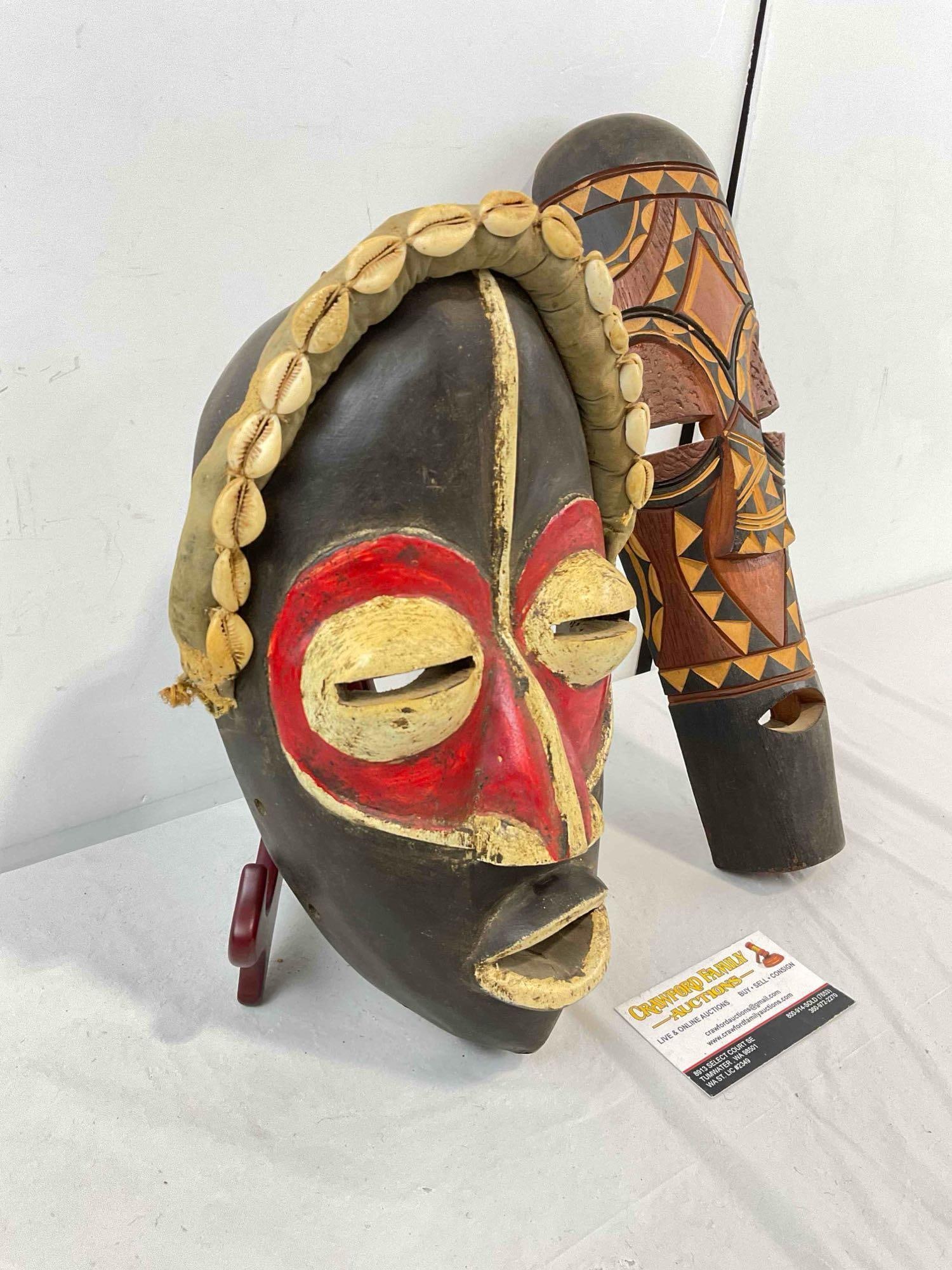 2 pcs Vintage African Carved Wooden Face Masks, 1x Zaire & 1x South Africa. Very Good Cond. - 3