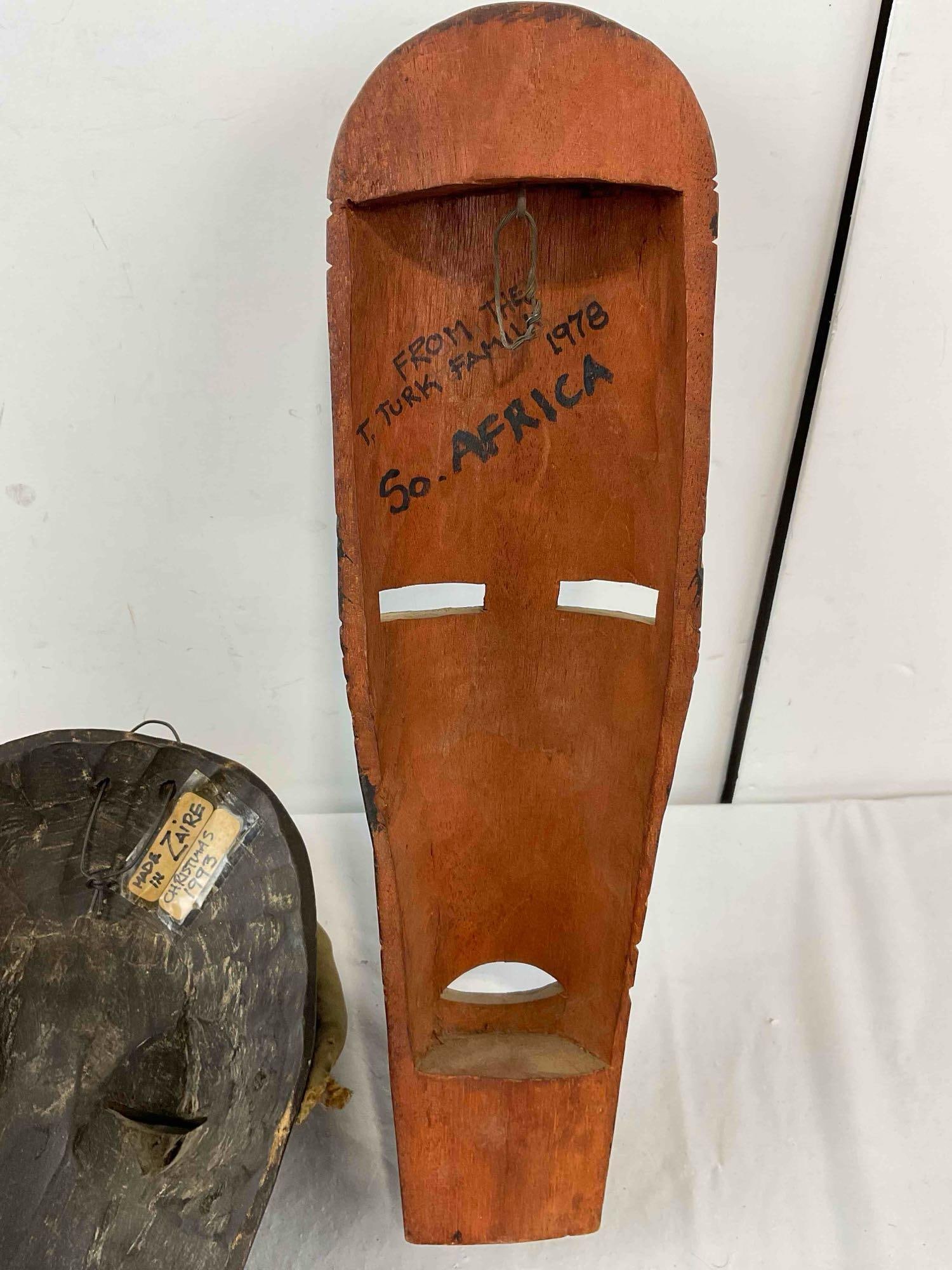 2 pcs Vintage African Carved Wooden Face Masks, 1x Zaire & 1x South Africa. Very Good Cond. - 7