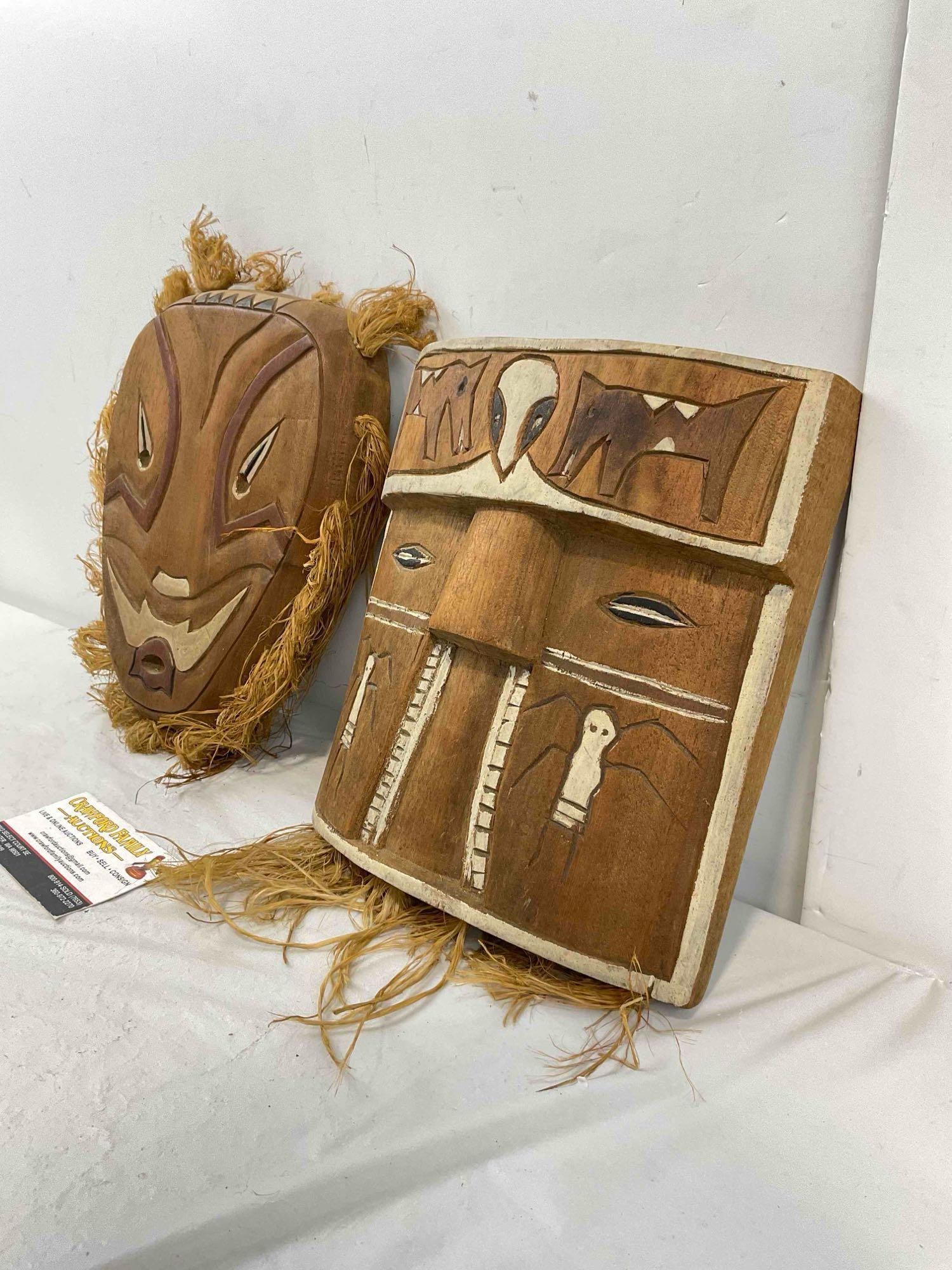 2 pcs Vintage Wooden Face Masks Carved in Taiwan by Aborigine Natives. Very Good Condition. - 2