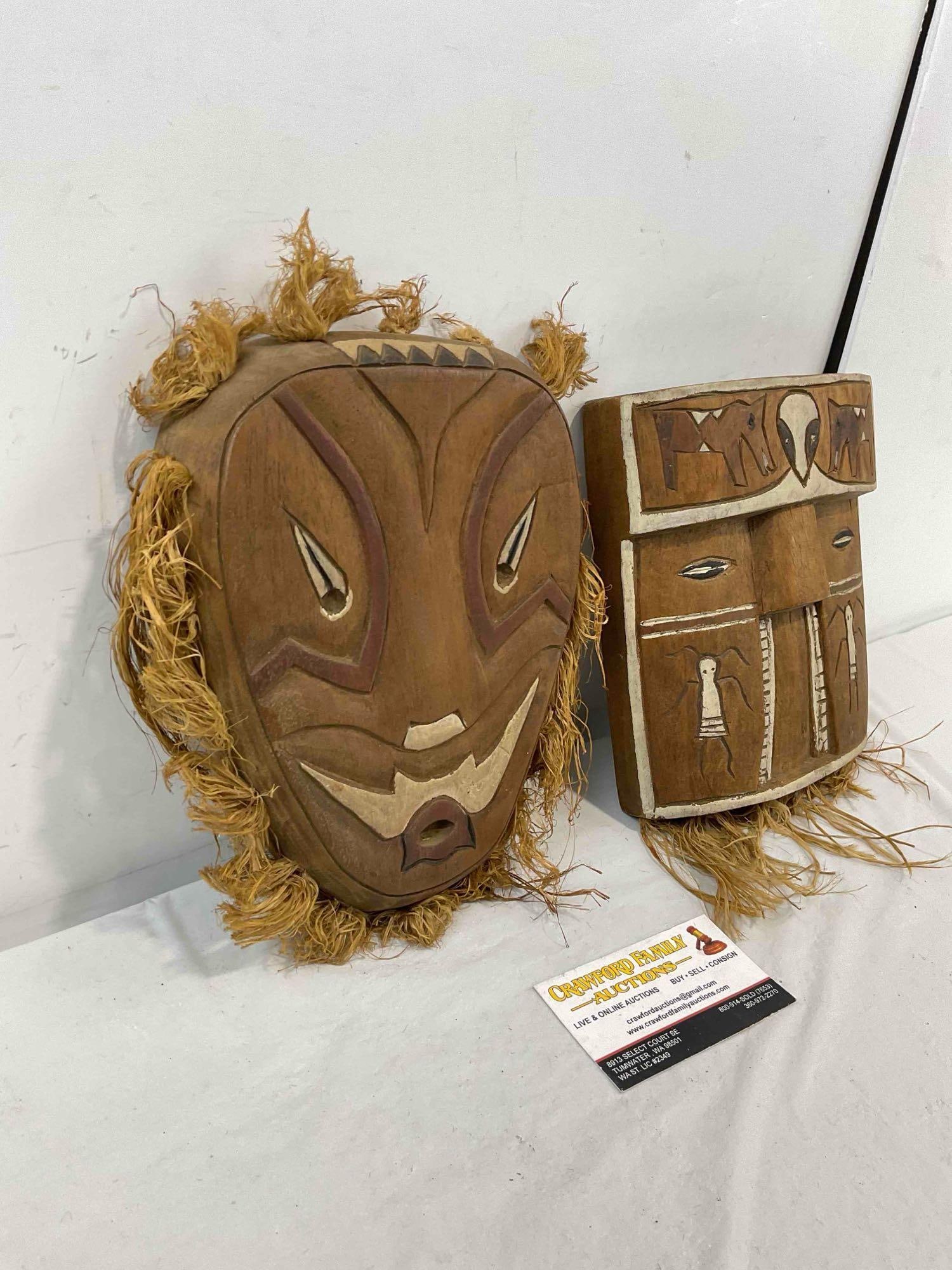 2 pcs Vintage Wooden Face Masks Carved in Taiwan by Aborigine Natives. Very Good Condition. - 3