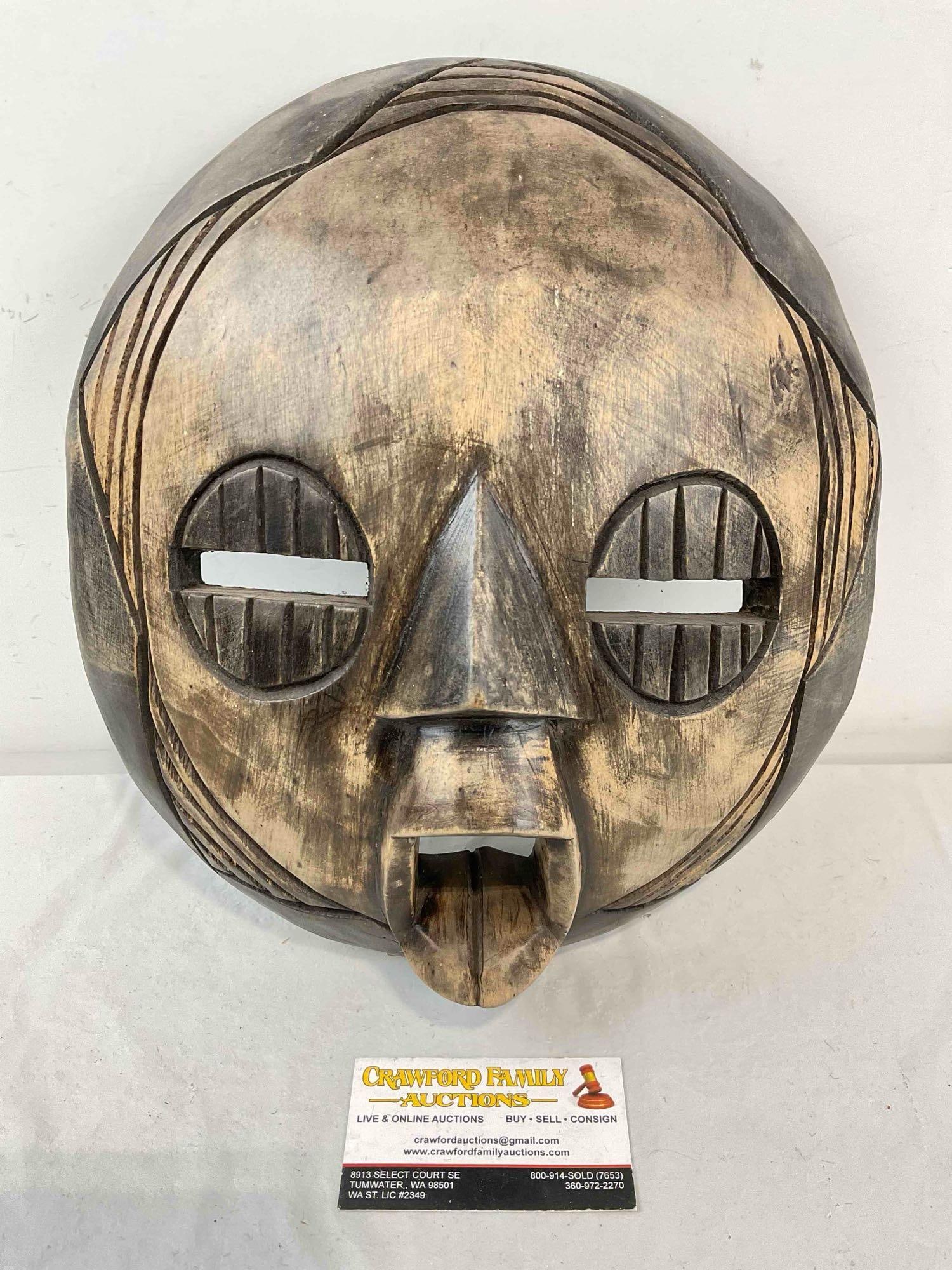 Vintage Ghanaian Carved Wooden Face Mask Wall Hanging. Very Good Condition. See pics.: Vintage Ghanaian Carved Wooden Face Mask Wall Hanging. Very Good Condition. Minor wear indicative of age, condition is otherwise very good. Measures 11" x 3" x 13" DM-5360
