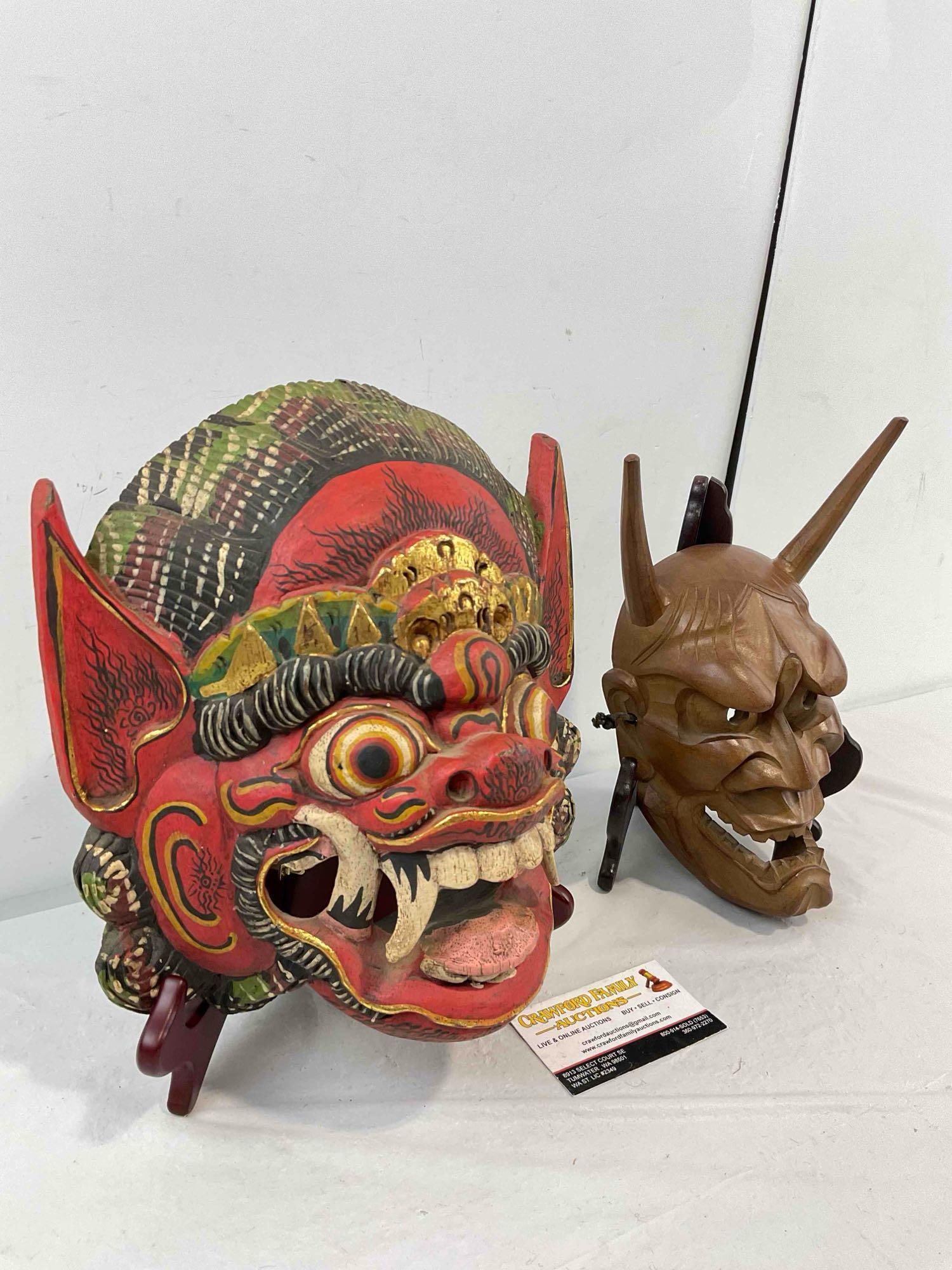 2 pcs Vintage Carved Wooden Face Masks, incl. 1x Japanese & 1x Indonesian. Very Good Cond. - 3