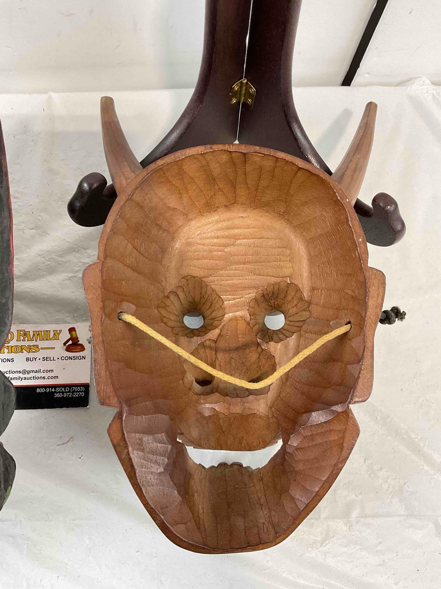 2 pcs Vintage Carved Wooden Face Masks, incl. 1x Japanese & 1x Indonesian. Very Good Cond. - 5