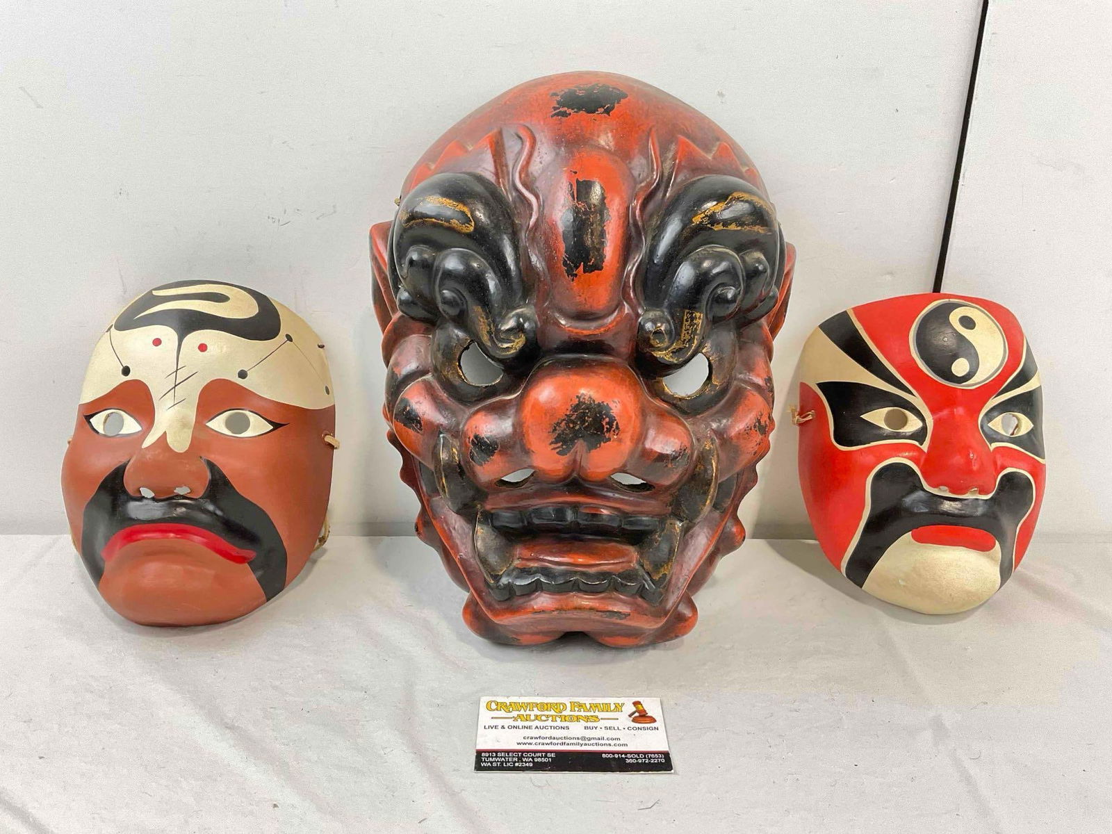 3 pcs Vintage Asian Face Masks, incl. 2x Chinese Papier Mache & 1x Japanese Plaster? Noh.: 3 pcs Vintage Asian Face Masks, incl. 2x Chinese Papier Mache Drama & 1x Japanese Plaster? Noh Oni. Minor wear indicative of age, condition is otherwise very good. Larger measures 10" x 5" x 12" D