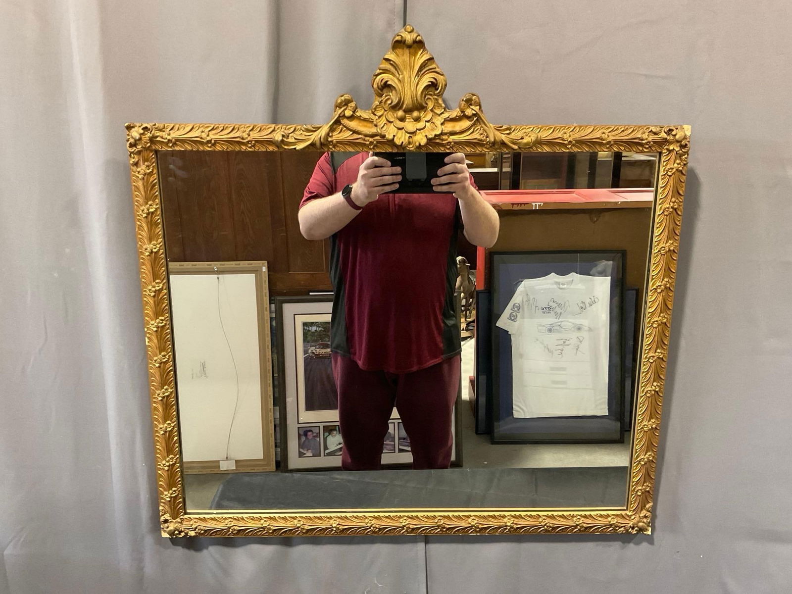 Early 20th Century Framed Giltwood Mirror, 3h x 33w x 3d inches, incl Finial Ornamentation on top: Appears to be in fair to good shape, some parts of missing . The piece measures approx 33h x 33w x 3d inches. See pics. E-5400 *Freight Required if shipped, Buyer Arranged/Responsibility* 