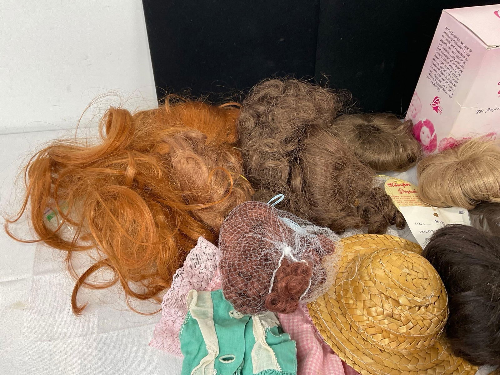Assorted Straw Hats, Doll Hair/Wigs, some in box & packaging, & Dresses & accessories - 3