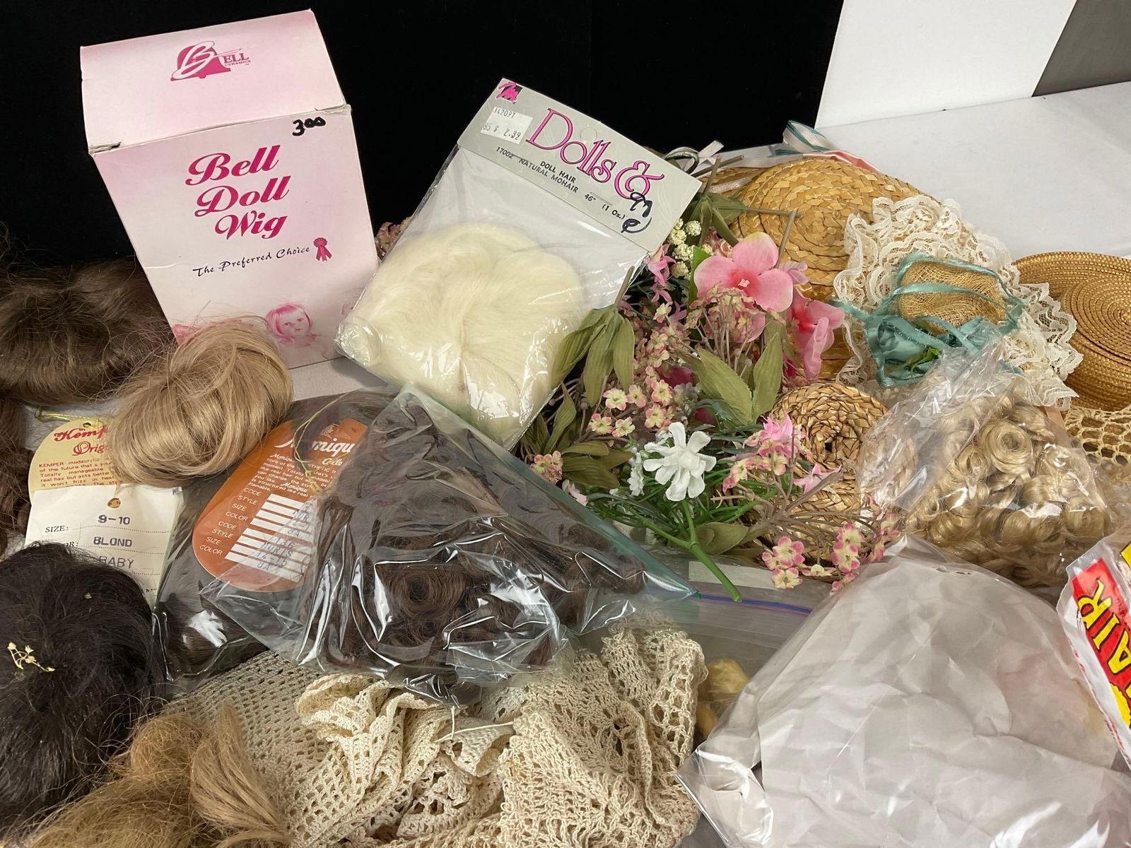 Assorted Straw Hats, Doll Hair/Wigs, some in box & packaging, & Dresses & accessories - 5