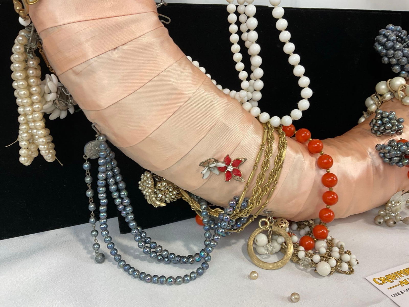 Vintage Costume Jewelry on Pink Stain Fabric Wrapped Wreath, Earrings, Necklaces, & more, 4x20x20... - 2