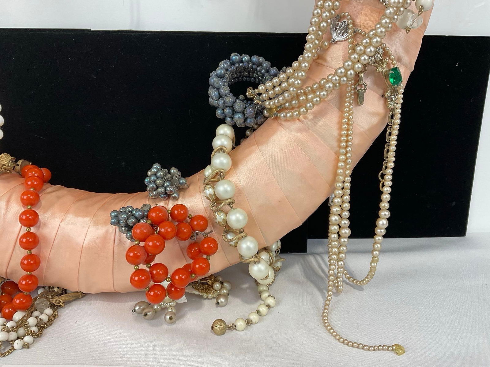 Vintage Costume Jewelry on Pink Stain Fabric Wrapped Wreath, Earrings, Necklaces, & more, 4x20x20... - 3