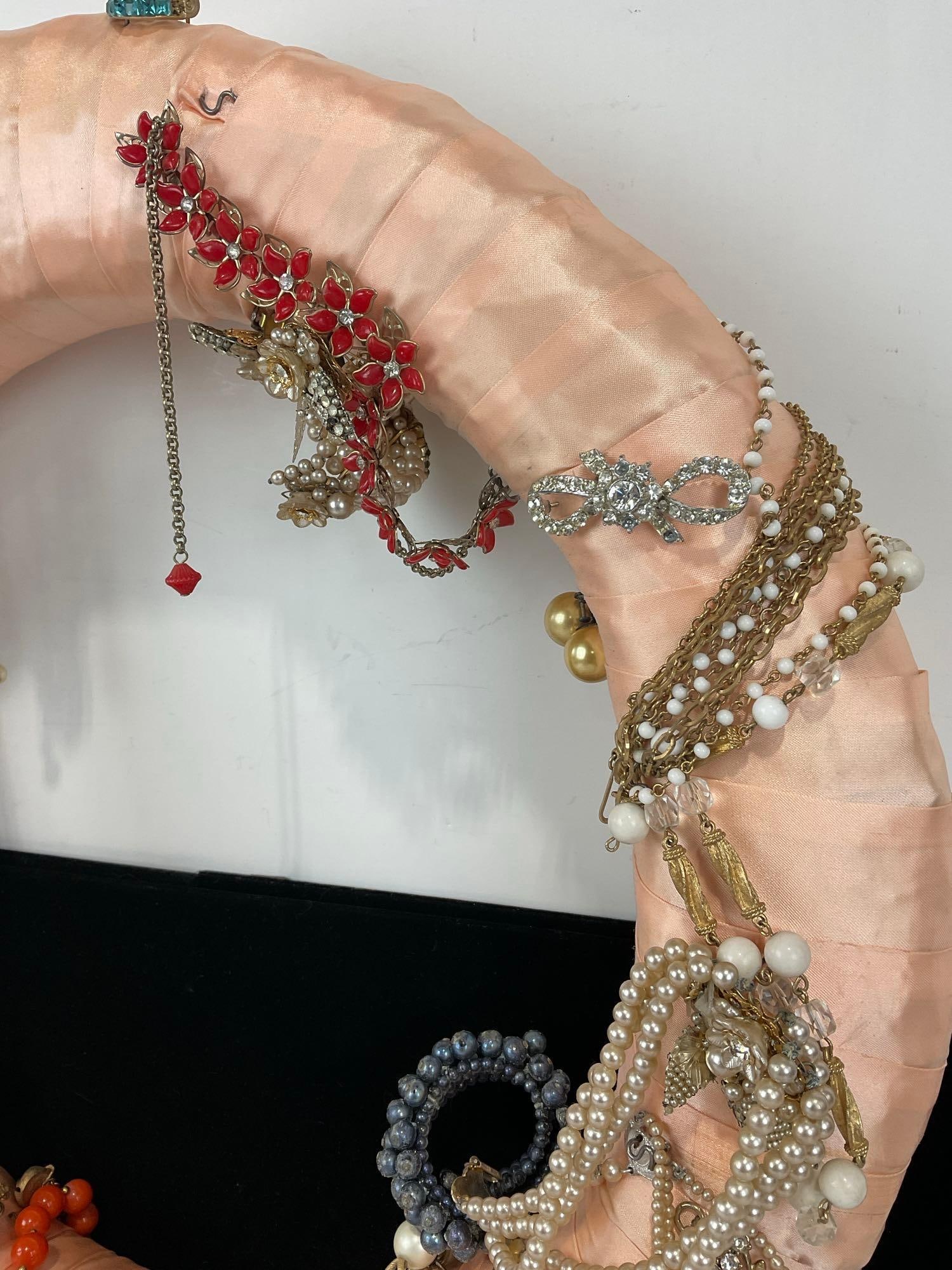 Vintage Costume Jewelry on Pink Stain Fabric Wrapped Wreath, Earrings, Necklaces, & more, 4x20x20... - 4
