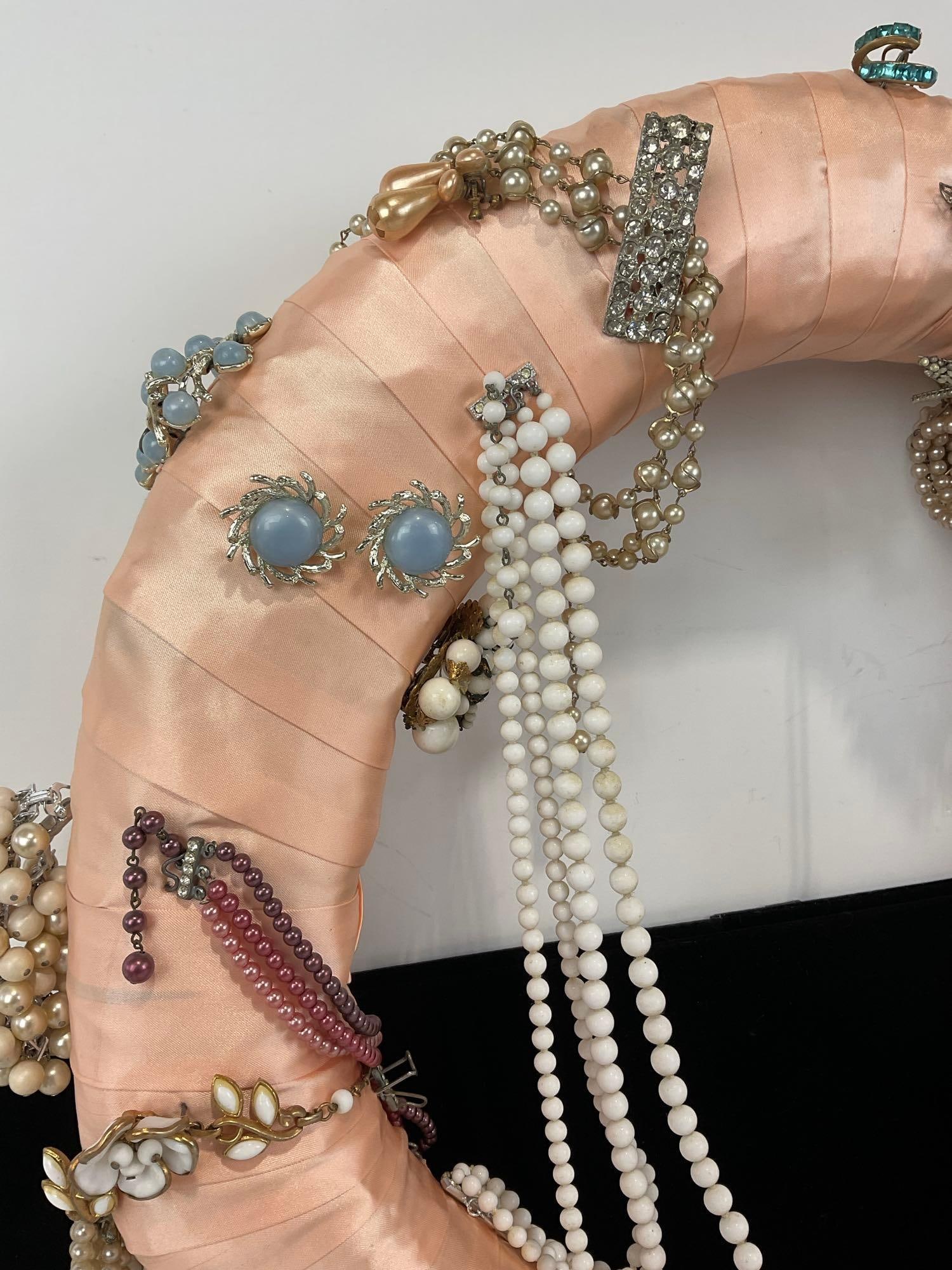 Vintage Costume Jewelry on Pink Stain Fabric Wrapped Wreath, Earrings, Necklaces, & more, 4x20x20... - 5