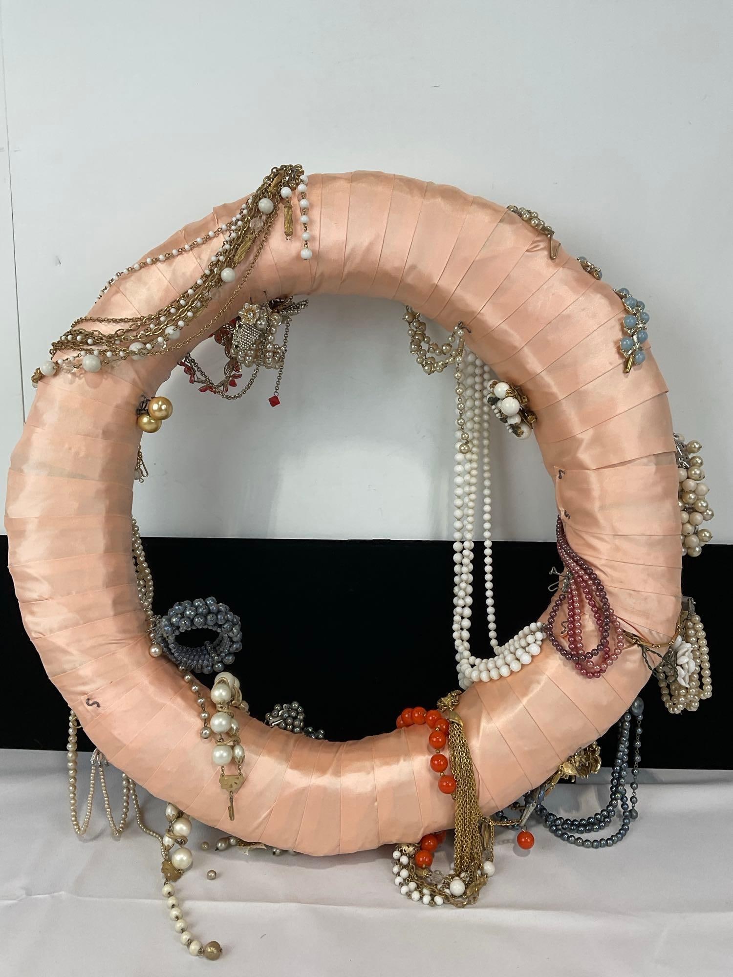 Vintage Costume Jewelry on Pink Stain Fabric Wrapped Wreath, Earrings, Necklaces, & more, 4x20x20... - 6