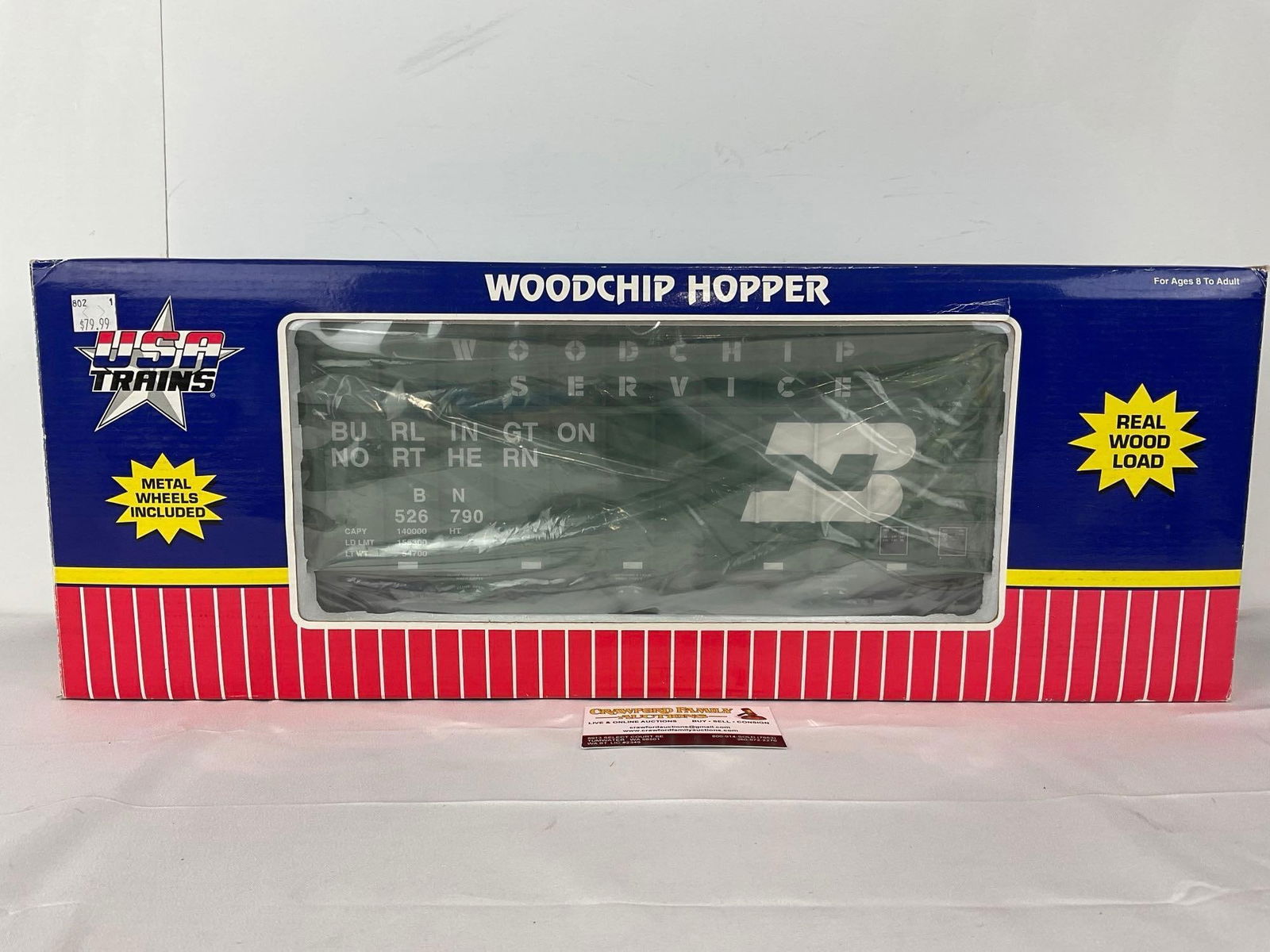 G Scale Model Train Burlington Northern Woodchip Car #R14089 USA Trains, in box: Appears to be in fair to good shape. The piece measures approx 9h x 23w x 7d inches. See pics. E-5560 