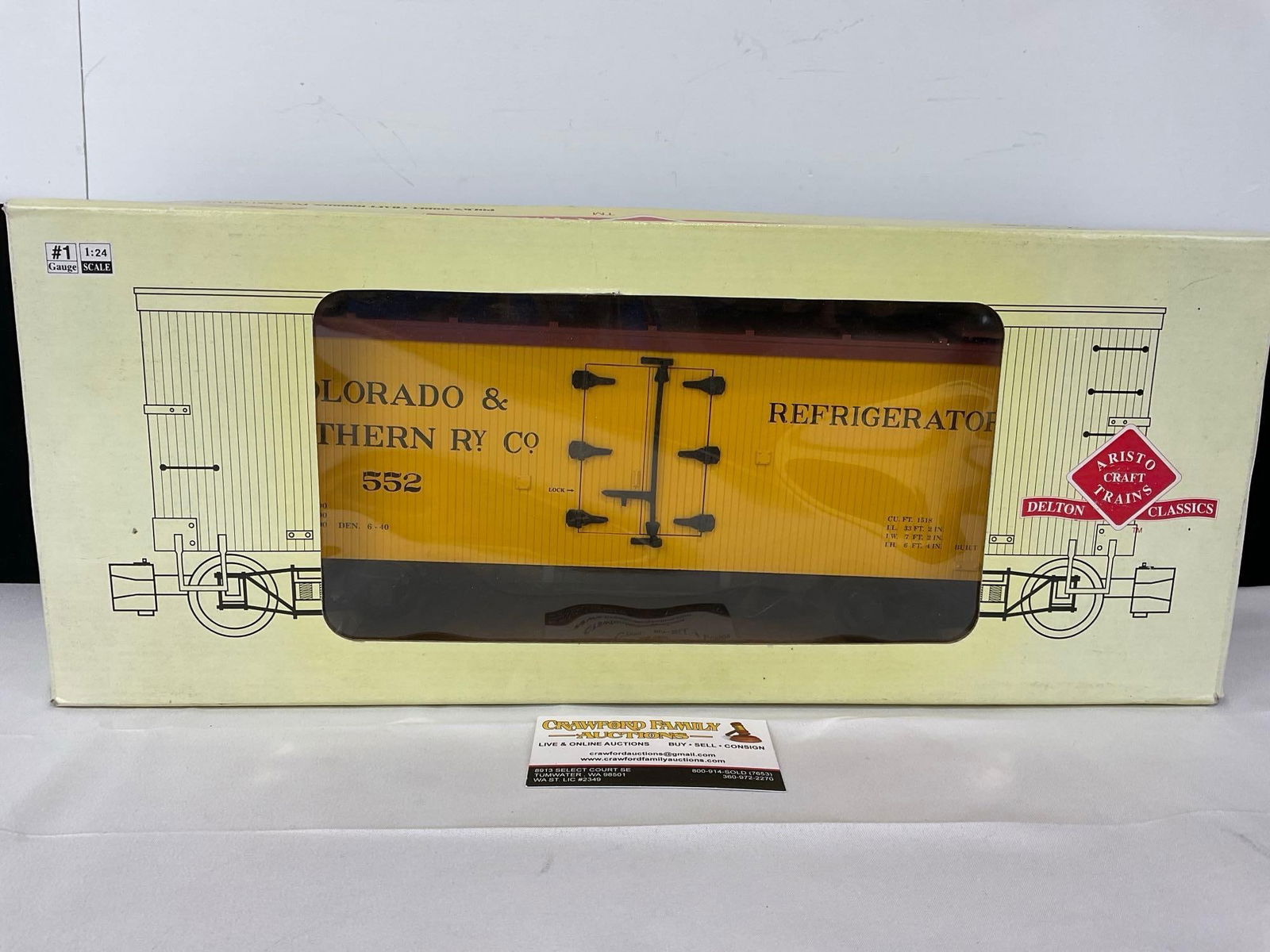 G Scale Model Train Aristo Craft Trains, Wood Reefer Car ART-86202 Colorado & Southern in box: Appears to be in fair to good shape. The piece measures approx 7h x 20w x 9d inches. See pics. E-5560 