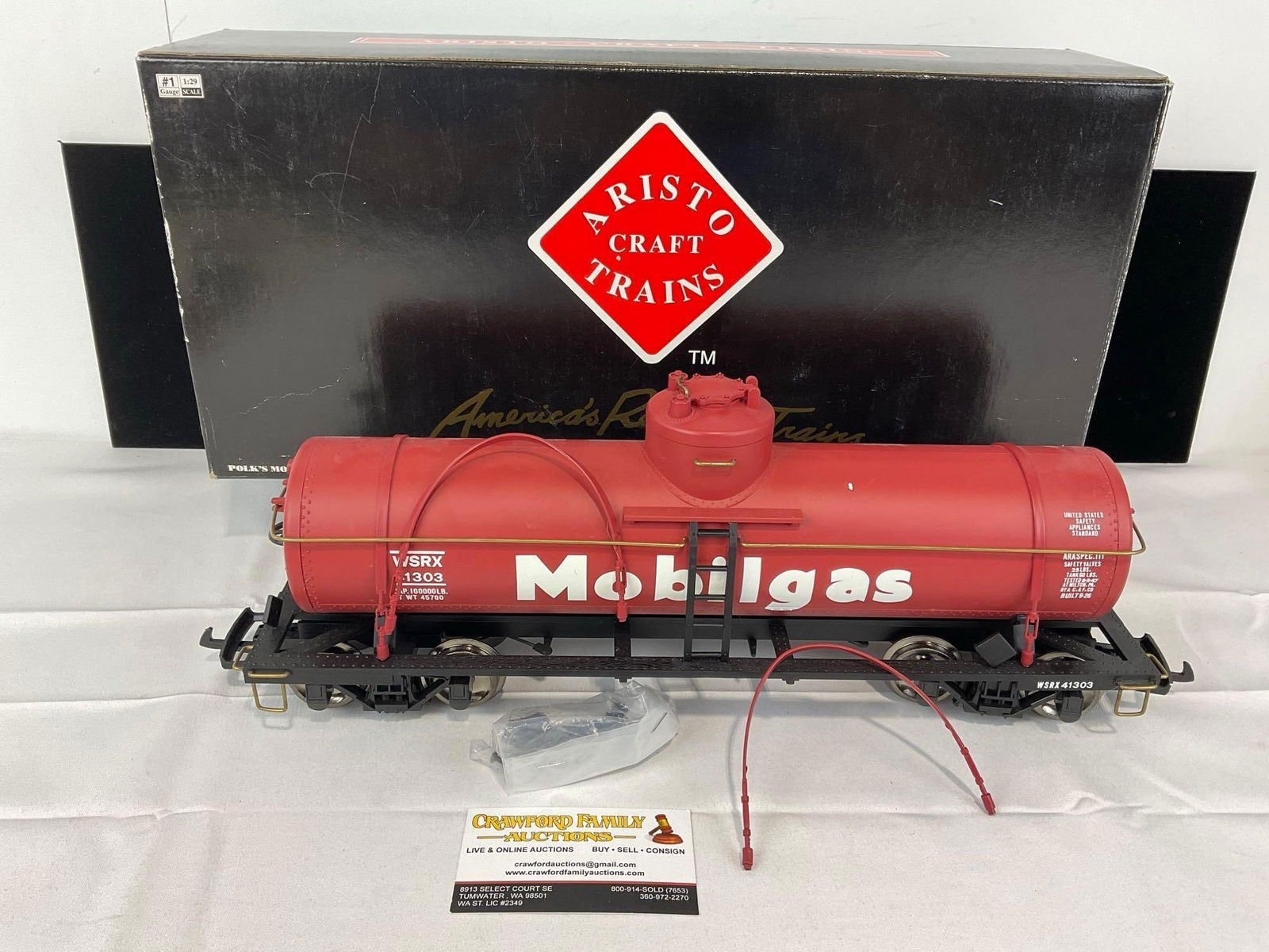G Scale Model Train Aristo Craft Mobilgas Oil Tanker WSRX #41303 w/ box: Appears to be in fair to good shape. The piece measures approx 9h x 19w x 6d inches. See pics. E-5560 
