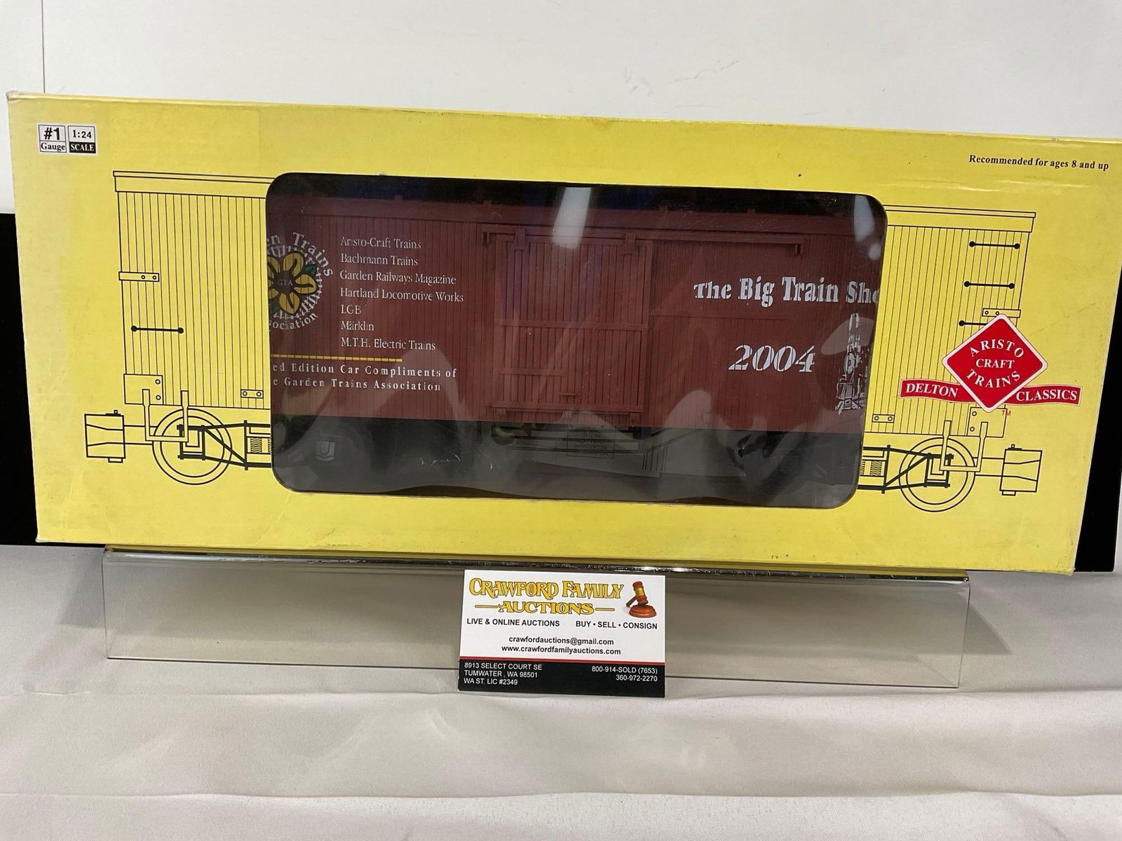 Aristo Craft Trains G Scale Model Train in box, 2004 The Big Train Show Box Car: Appears to be in fair to good shape. The piece measures approx 8h x 20w x 7d inches. See pics. E-5560 