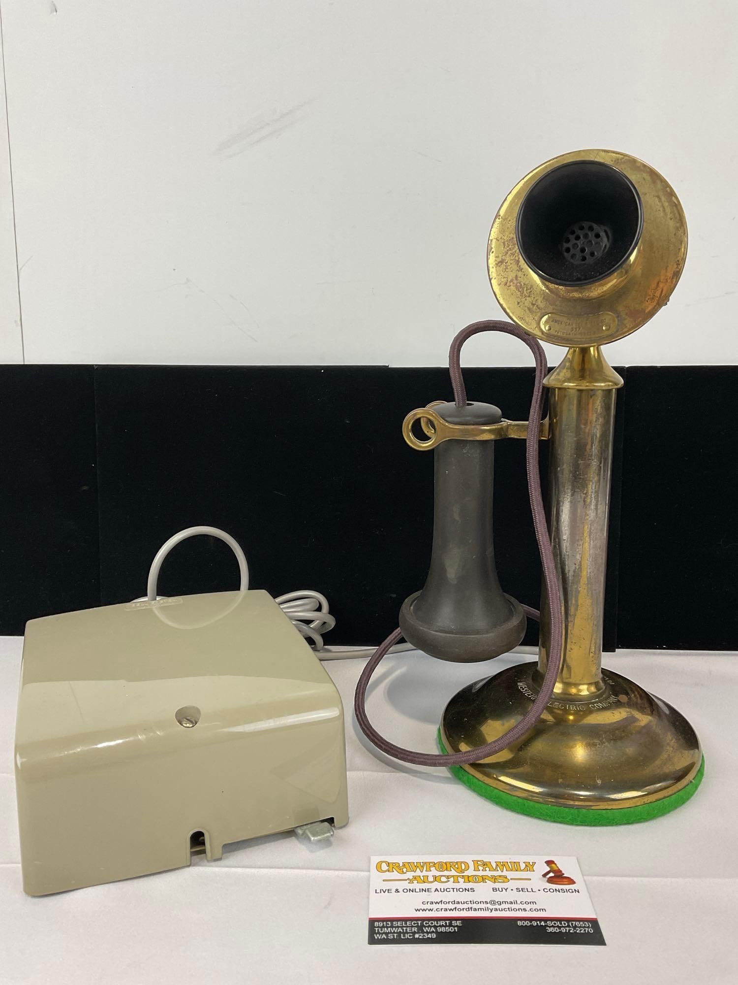 Early 20th Century 1930s~ Old Fashioned Western Electric Brass Telephone, Converted to modern plug: Appears to be in good shape. The piece measures approx 13h x 7w x 10d inches. See pics. E-5430 