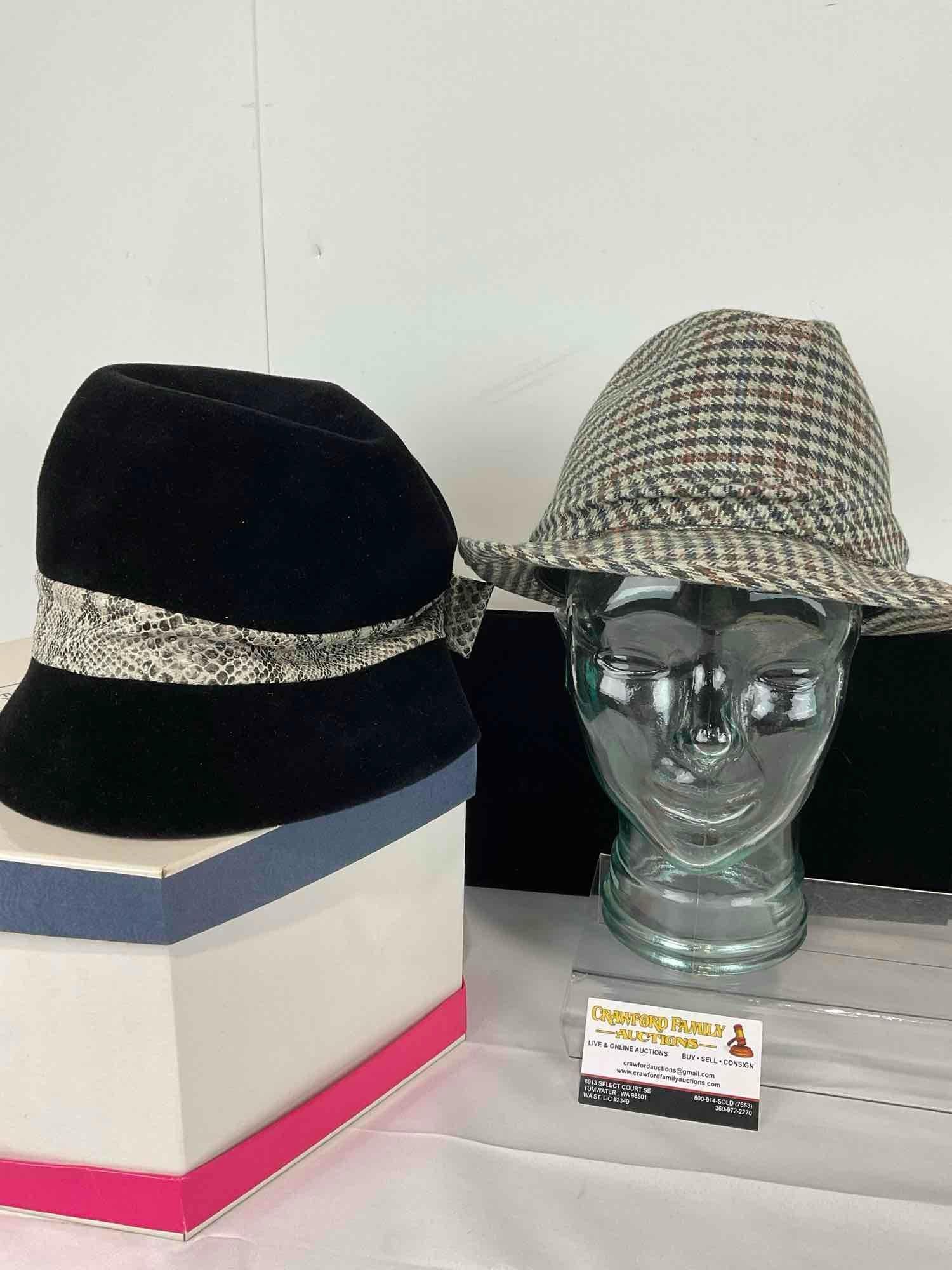 Plaid Dobbs Fedora Hat Size 7 1/2 & Sears Millinery, Corona made in Italy, Cloche Style Hat in box: Appears to be in good shape. The pieces in a box measures approx 8h x 13w x 13d inches. See pics. E-5510