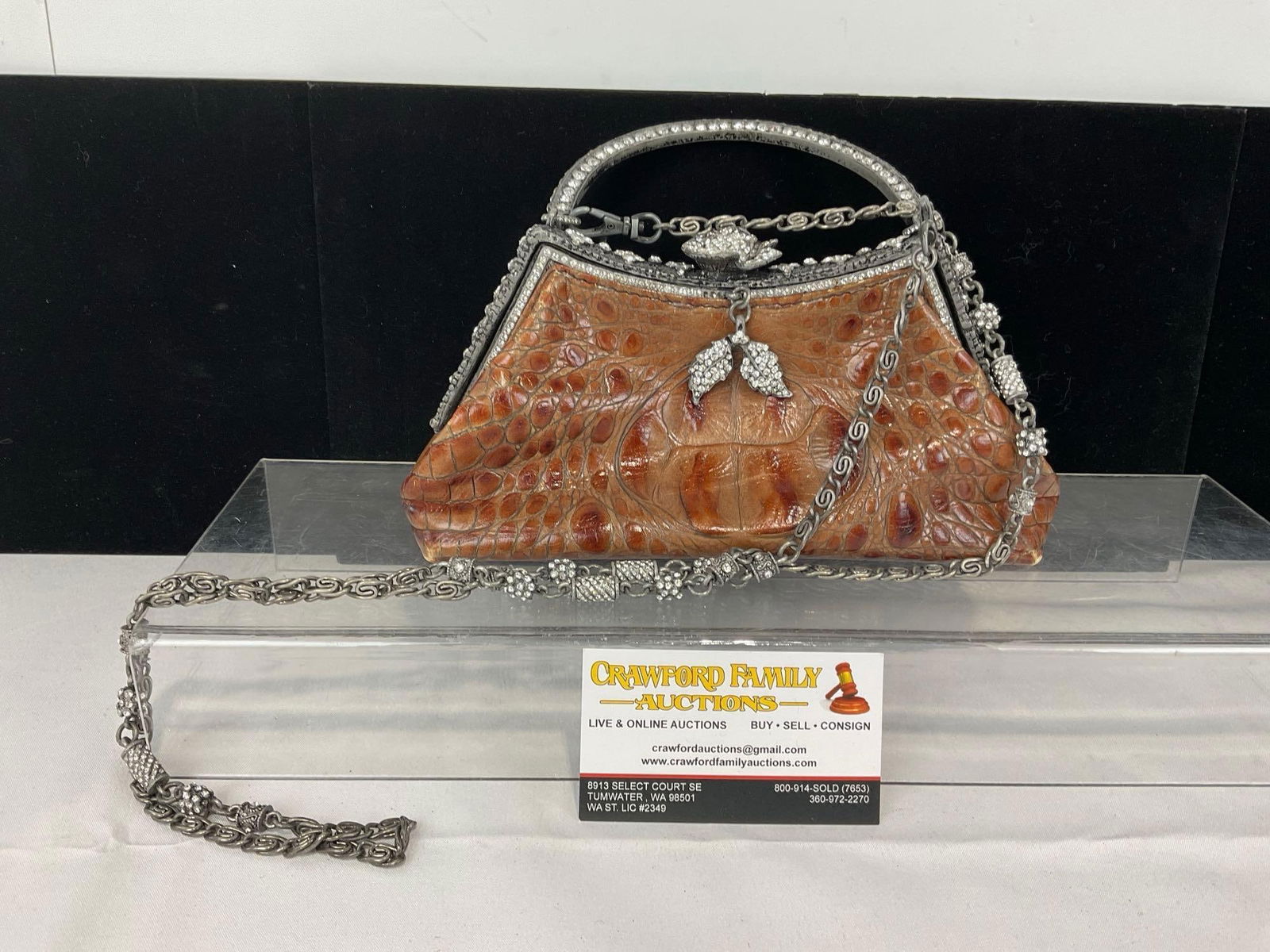 Besso Italian Crocodile Embossed Leather Handbag w/Swarovski Crystal Embellishments: Appears to be in good shape. The piece measures approx 5h x 10w x 5d inches. See pics. E-5510 