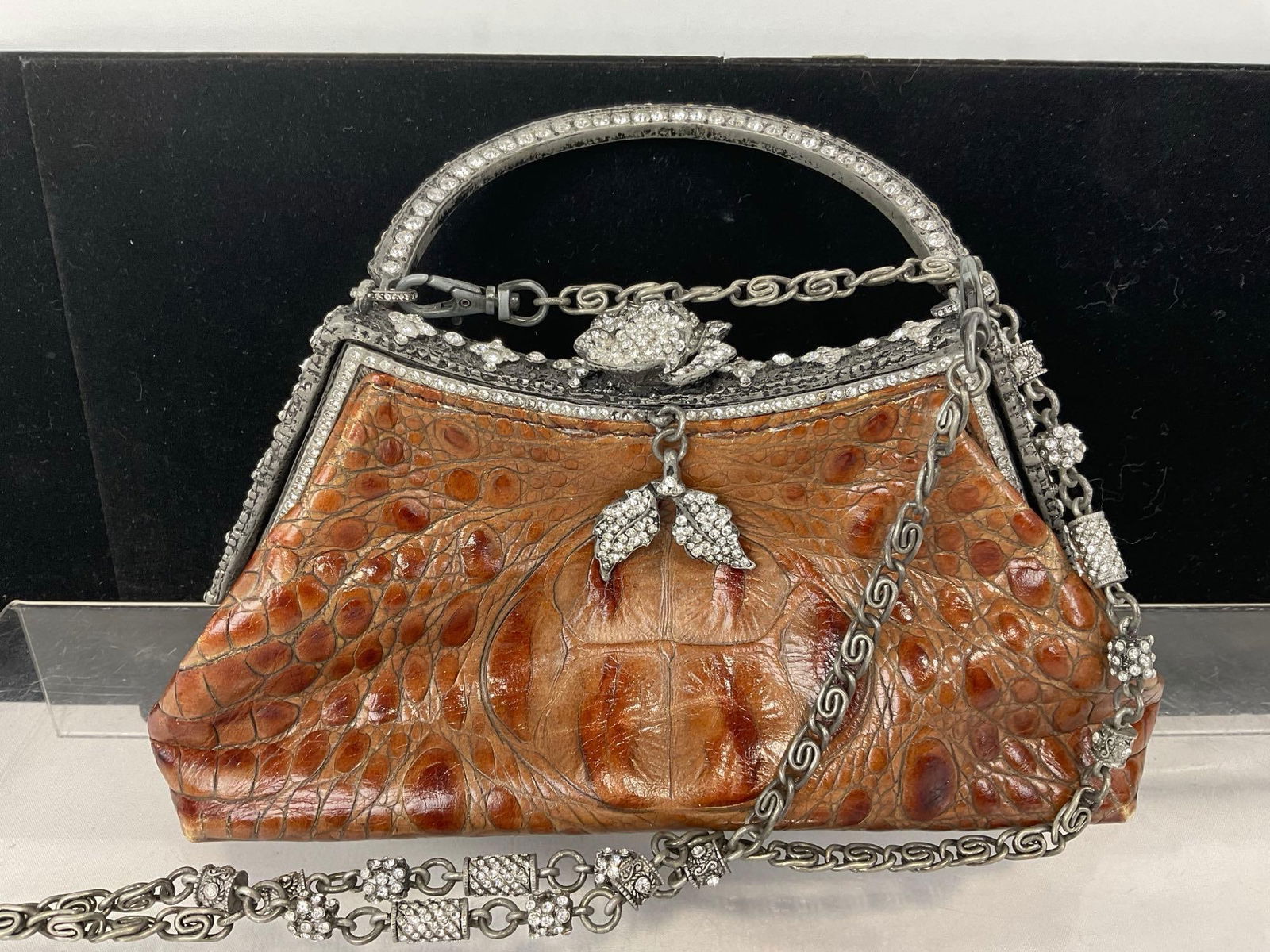 Besso Italian Crocodile Embossed Leather Handbag w/Swarovski Crystal Embellishments - 2