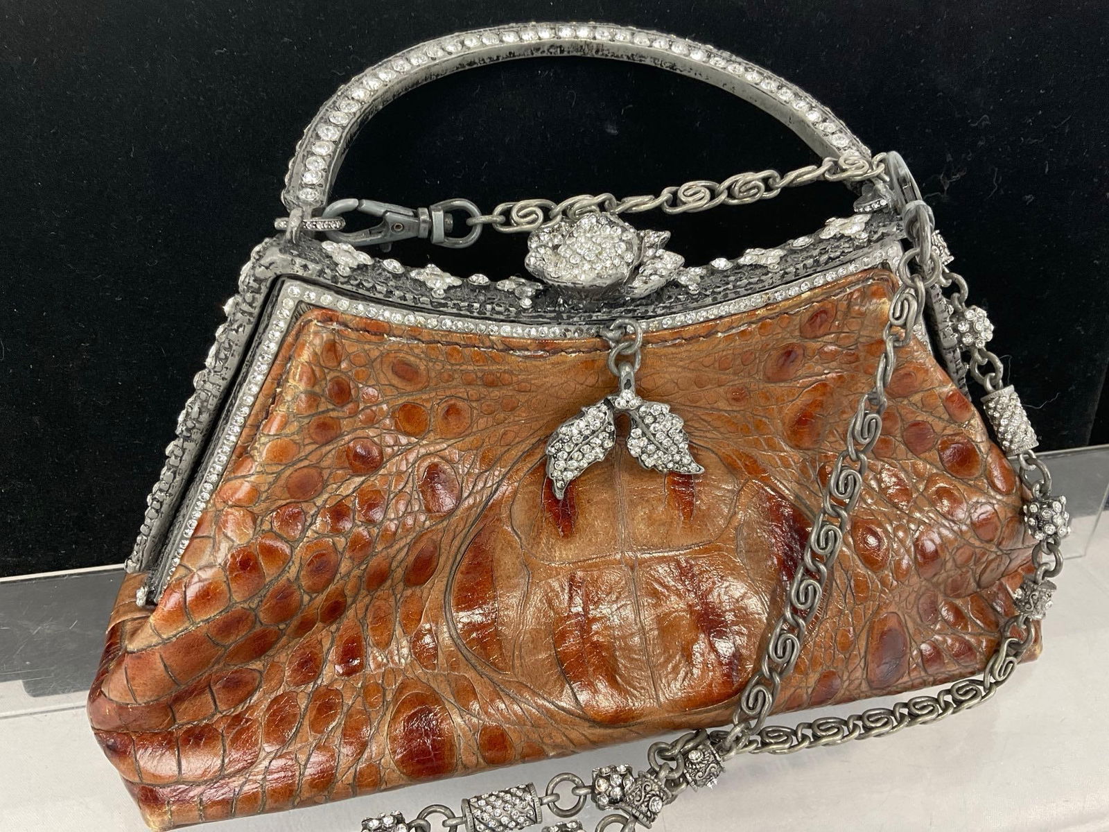 Besso Italian Crocodile Embossed Leather Handbag w/Swarovski Crystal Embellishments - 4