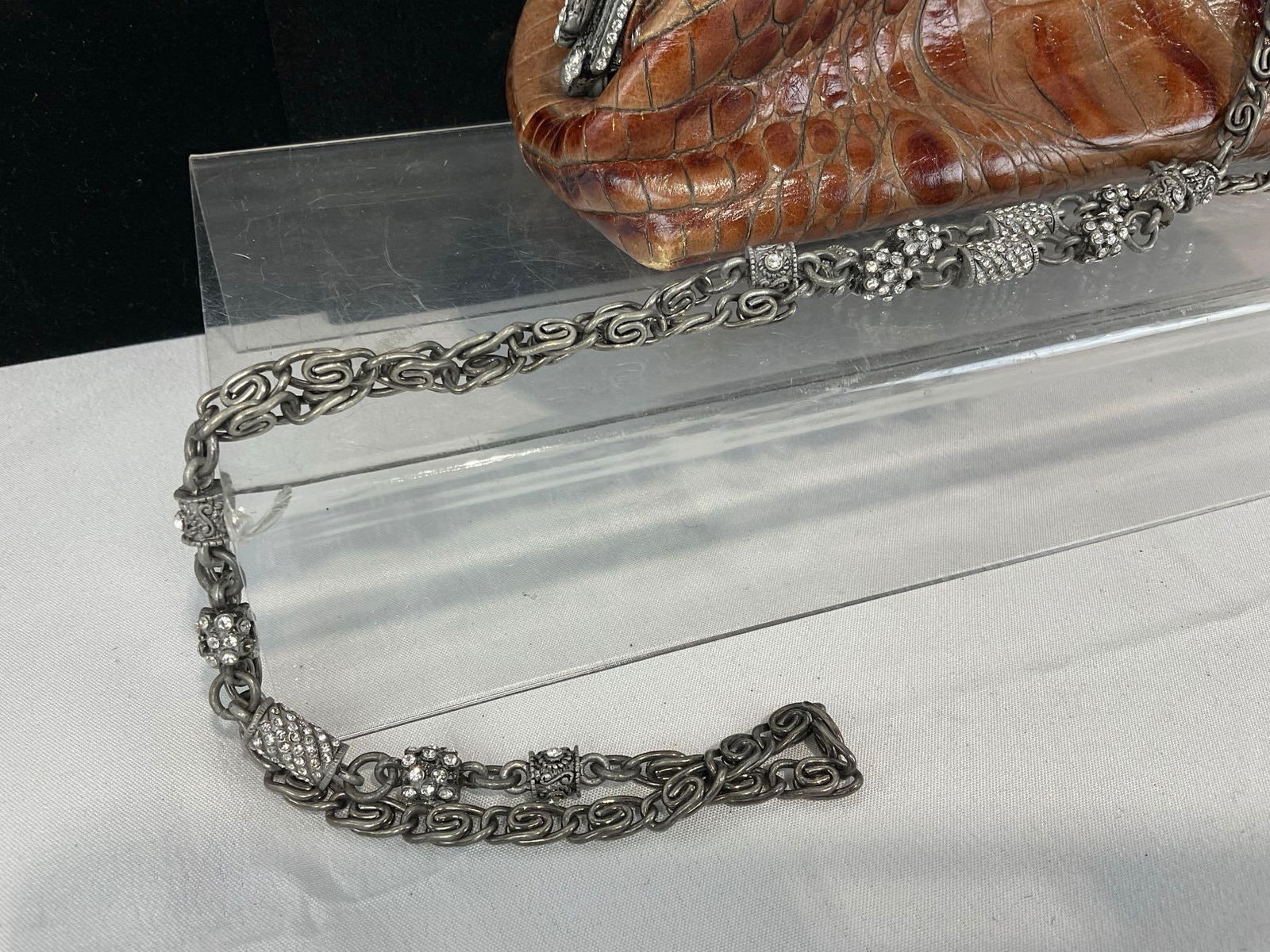 Besso Italian Crocodile Embossed Leather Handbag w/Swarovski Crystal Embellishments - 5