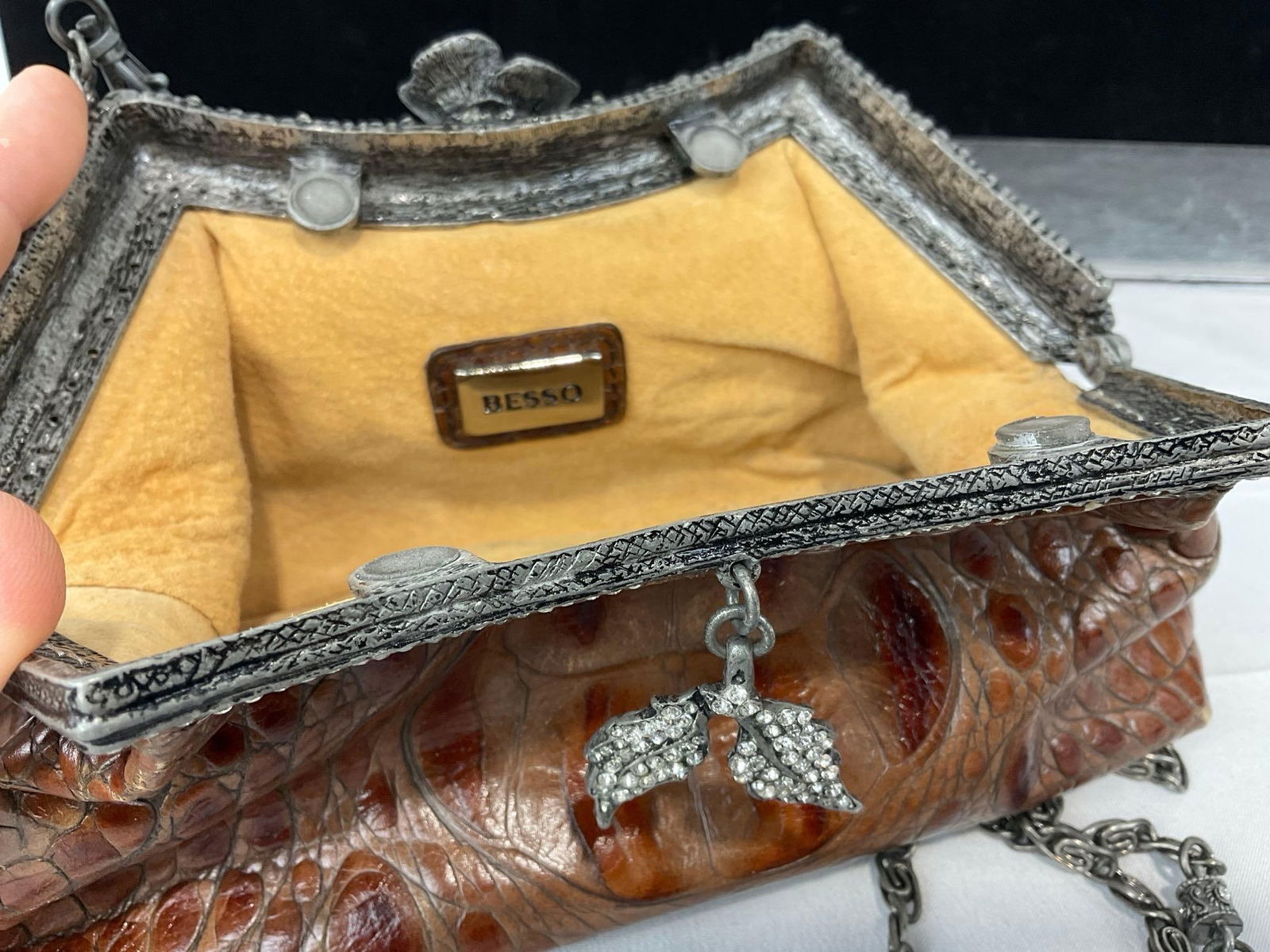 Besso Italian Crocodile Embossed Leather Handbag w/Swarovski Crystal Embellishments - 7