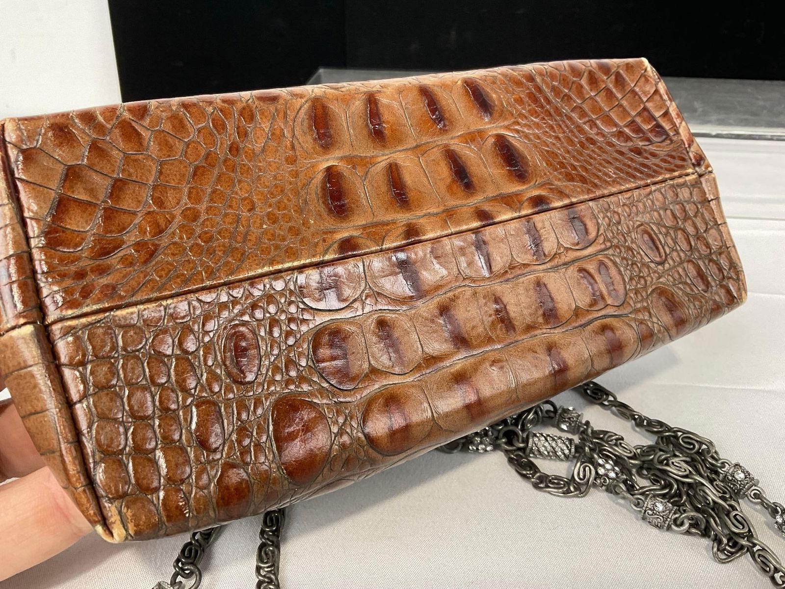 Besso Italian Crocodile Embossed Leather Handbag w/Swarovski Crystal Embellishments - 8