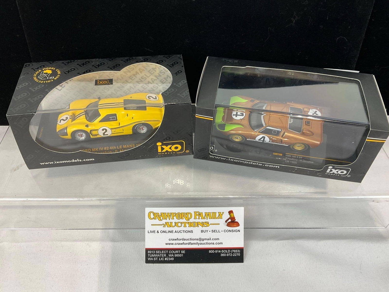 Pair of IXO Models Ford Mk II #4 & Mk IV #2 Le Mans Donohue 1/43 Scale Diecast Car Models orig box: Appears to be in good shape. The piece measures approx 6h x 7w x 4d inches. See pics. E-5420 