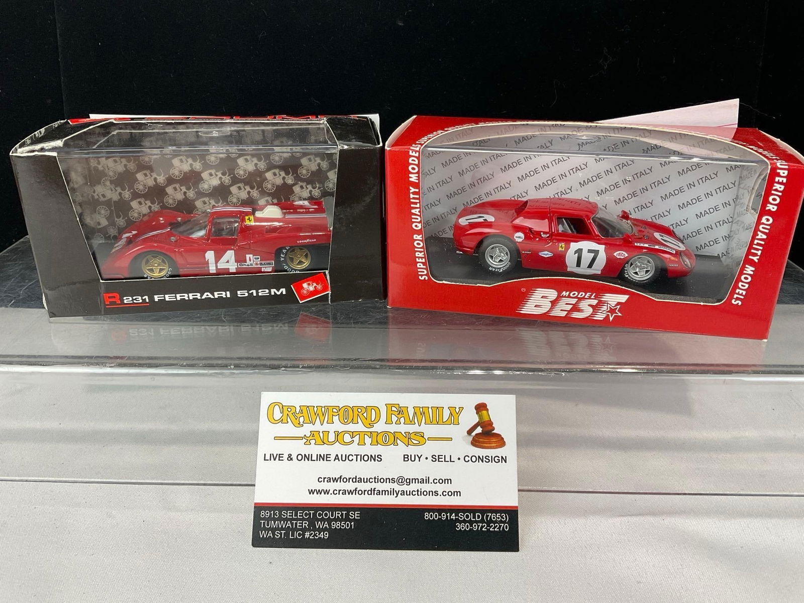 Pair of Ferrari 1/43 Scale Diecast Car Models, 1969 275 LM, & 1971 512M Watkins Glen, Sam Posey: Brumm & Best Models. The car models appear to be in good shape, the box and cover of one has some damage. The piece measures approx 6h x 7w x 4d inches. See pics. E-5420 
